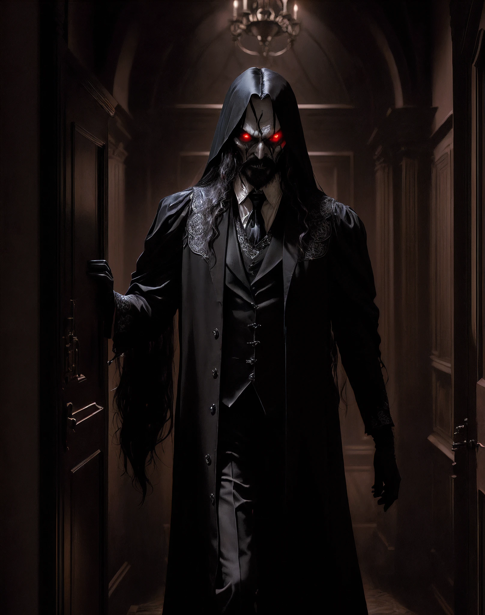 Arafed bughul sinister-Mann in schwarzem Mantel und rosa Hemd, der in einem Raum steht, Screenshot von Morbius (2022), The Great Man of Phantasm, unheimlich aussehend, Filmstill aus dem Horrorfilm, Filmstill aus einem Horrorfilm, Standbild aus dem Horrorfilm, Der Pestvater, in this ominous scene, Morbius, Fuchs, Psychologisches Horrorfilm-Still