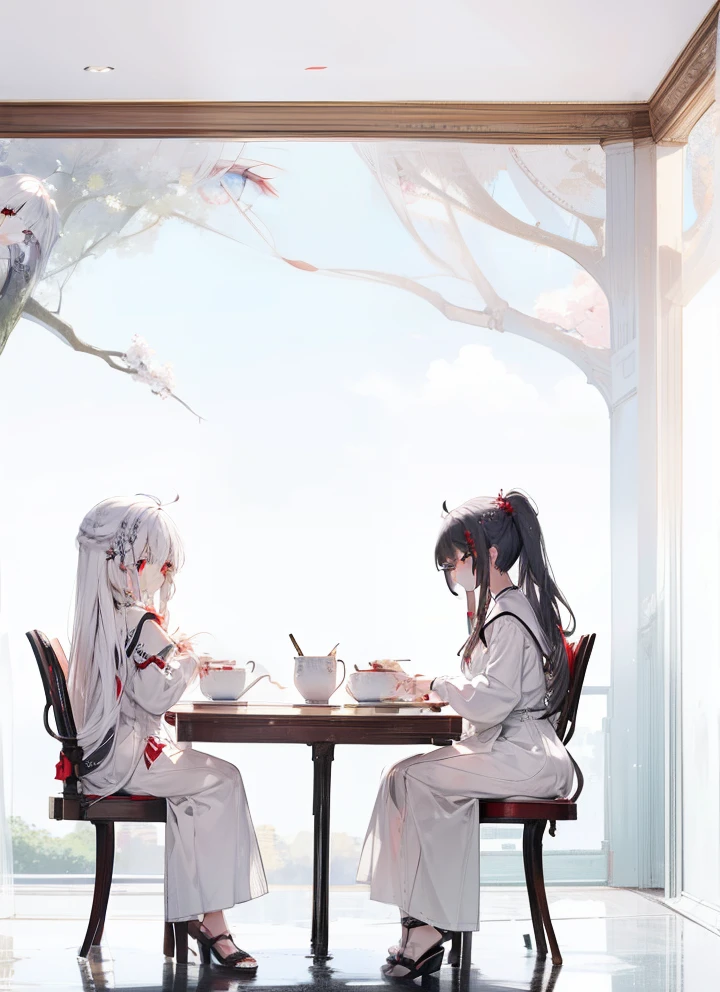 masterpiece, highlydetailed, (bestquality), 1girl,bishoujo,stare,red eyes,beautiful detailed eyes,long hair,hair straight，white hair,silver_hair,Wing-like bangs，Dull hair,ahoge,Hair rings,braid, cold,Sharp eyes，