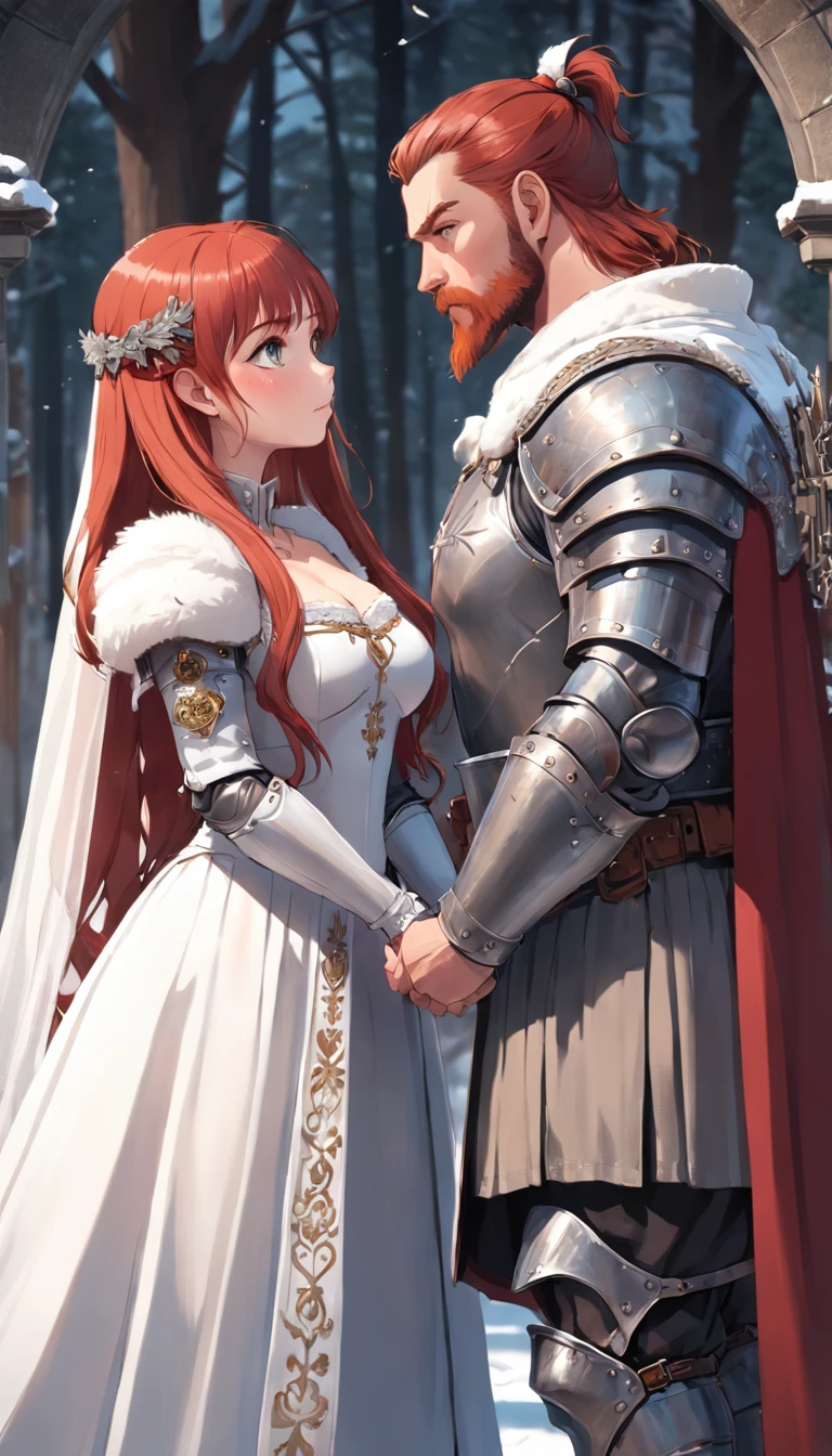 medieval wedding ceremony, red haired girl and bearded man marrying, full body armor, anatomically correct, chest covered, winter time, symmetry, sharp, photo realistic, trending on artstation