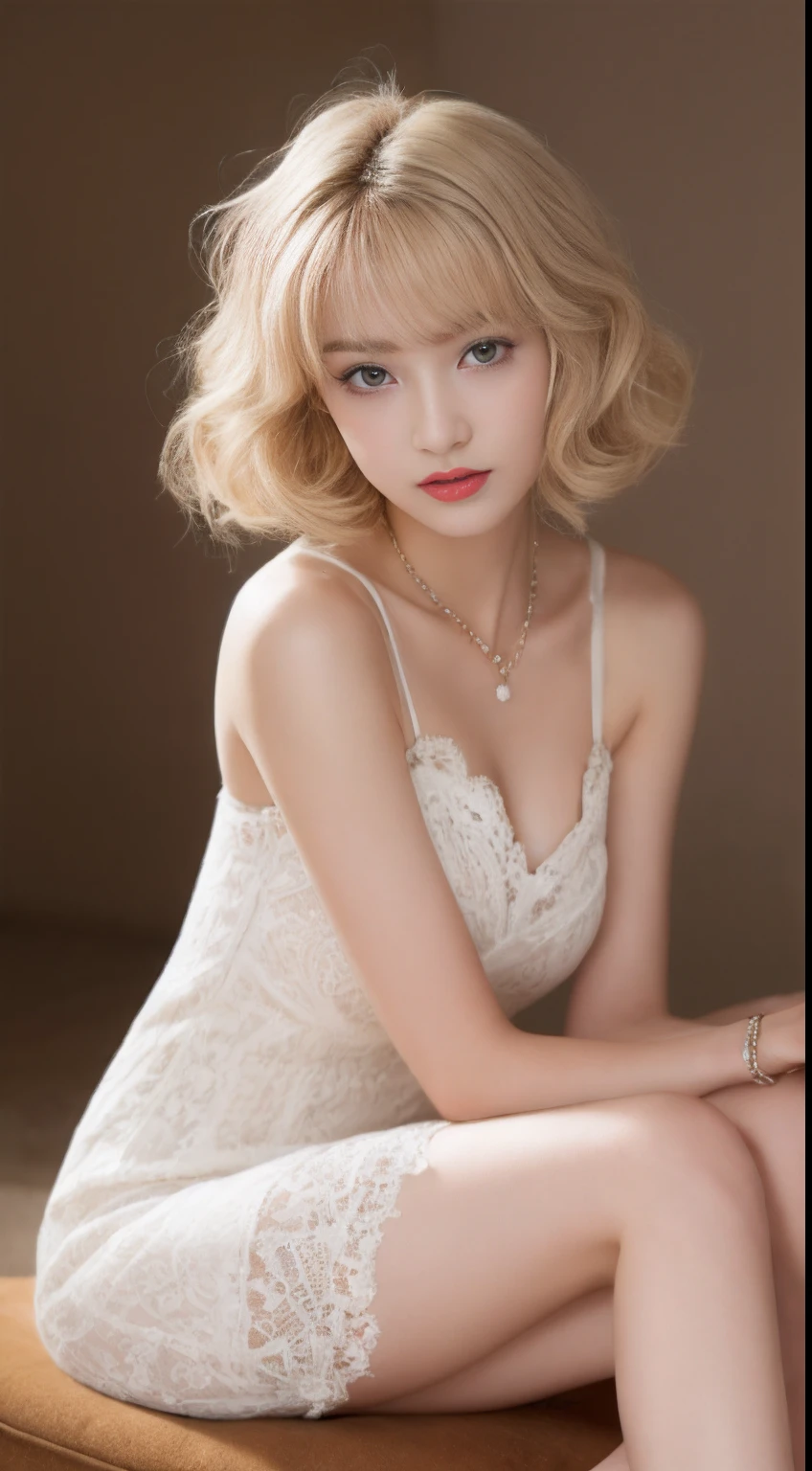 a blonde　short hair　half squat　choker　live action　legs open　high care　Wedding Dresses Lingerie 