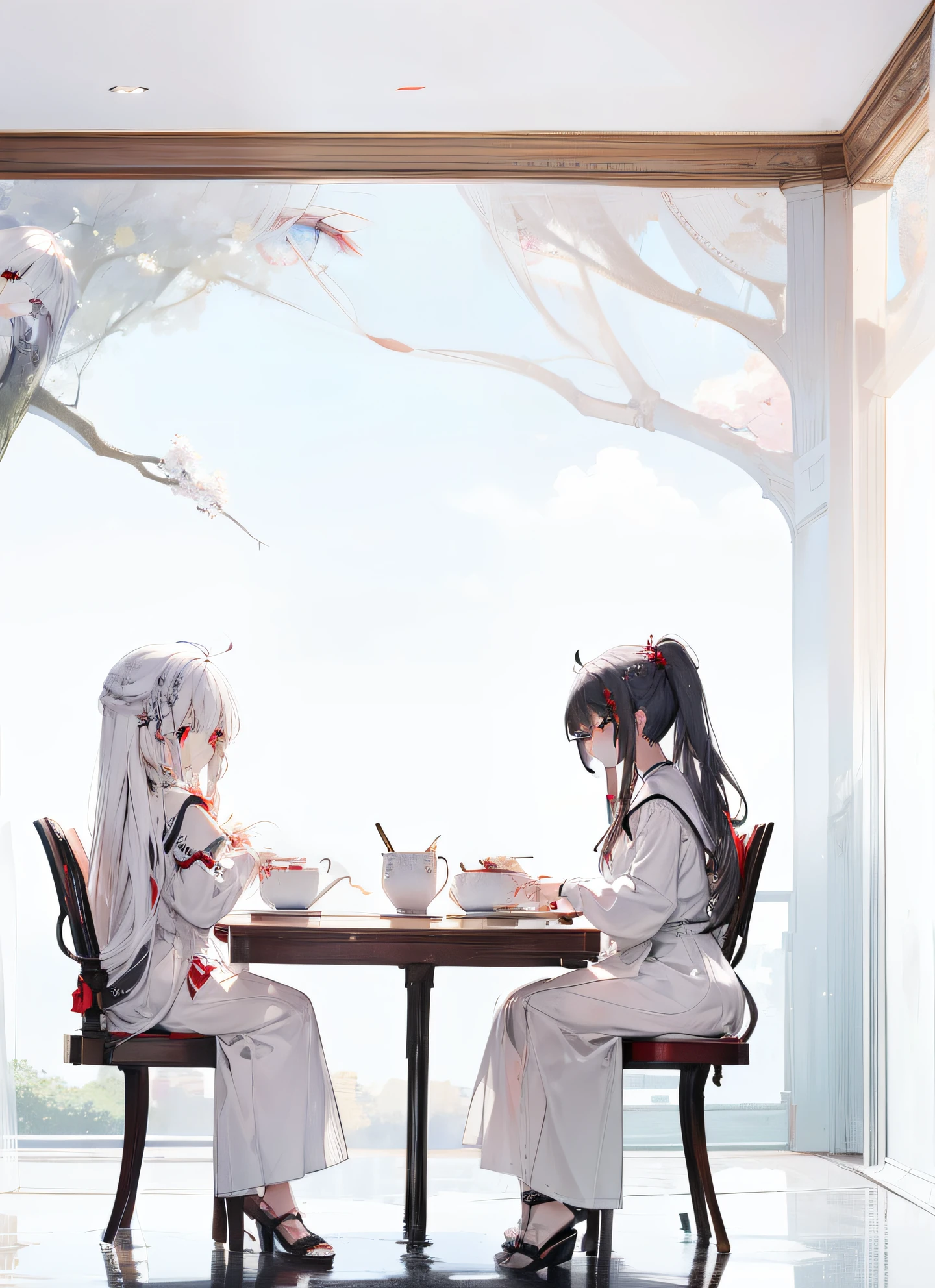 masterpiece, highlydetailed, (bestquality), 1girl,bishoujo,stare,red eyes,beautiful detailed eyes,long hair,hair straight,white hair,silver_hair,Wing-like bangs,Dull hair,ahoge,Hair rings,braid, cold,Sharp eyes,