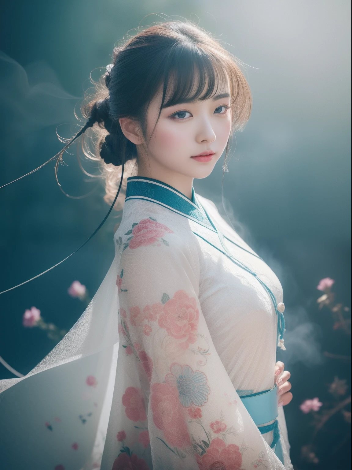 zhongfenghua, 1girl, solo, hanfu, ancient_chinese_architecture, flower field, blossom, (white smoke:1.3) (photorealistic:1.4), zentangle, mandala, entangle, official art, unity 8k wallpaper, ultra detailed, beautiful and aesthetic, masterpiece,best quality, (dynamic angle:1.4), glowing skin, (floating colorful sparkles:1) the most beautiful form of chaos, elegant, a brutalist designed, vivid colours, romanticism depth of field exotic_dance