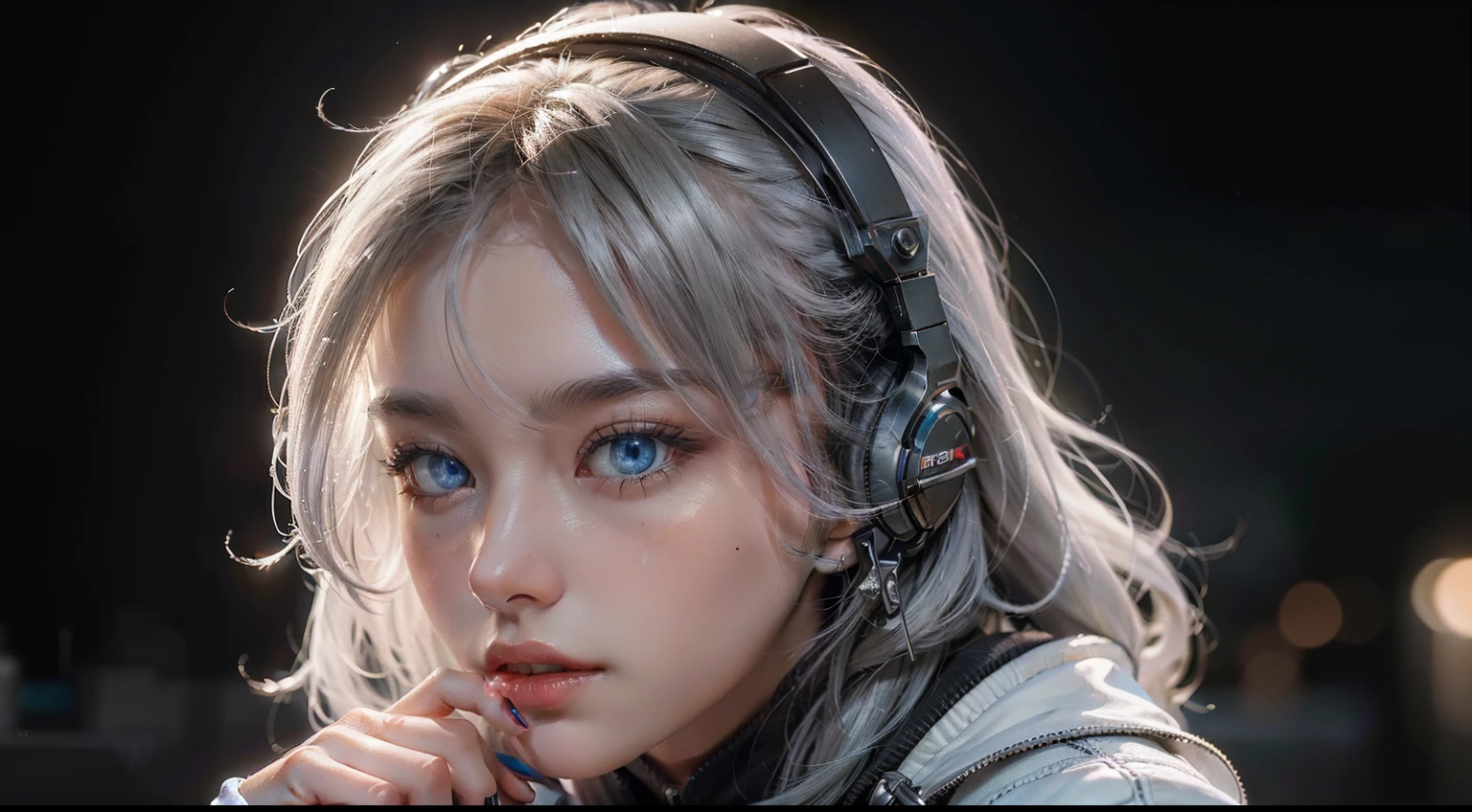 (Masterpiece, fine detailed beautiful eyes: 1.2), (On the moon, space, looking back into earth), White hair, Black tank top, voluminetric lighting, White jacket, glowing headphones, Cyberpunk, Futuristic, multi colored eyes, Detailed eyes, ultra - detailed,Light smile, Highly detailed, Beautiful, small detailed, Ultra detailed, Best quality, Intricate, hyper photorealism, Sharp, Digital illustration, Detailed, Realism, Intricate, 4K, 8K, trending on artstationh, Good anatomy, Beautiful lighting, Award-winning, Photorealistic, Realistic shadows, Realistic lighting, Beautiful lighting, Ray traching, Intricate details, Moody, Rule of thirds, Masterpiece, (illustration:1.1), A high resolution, (Extremely detailed CG, Unity, 8K wallpaper:1.1), Beautiful face, Highly detailed face, Ultra photo realsisim, Masterpiece, Bokeh, Extremely detailed, Intricate, zoomout, Colorful, Vibrant colors, Red nail polish, Side view,