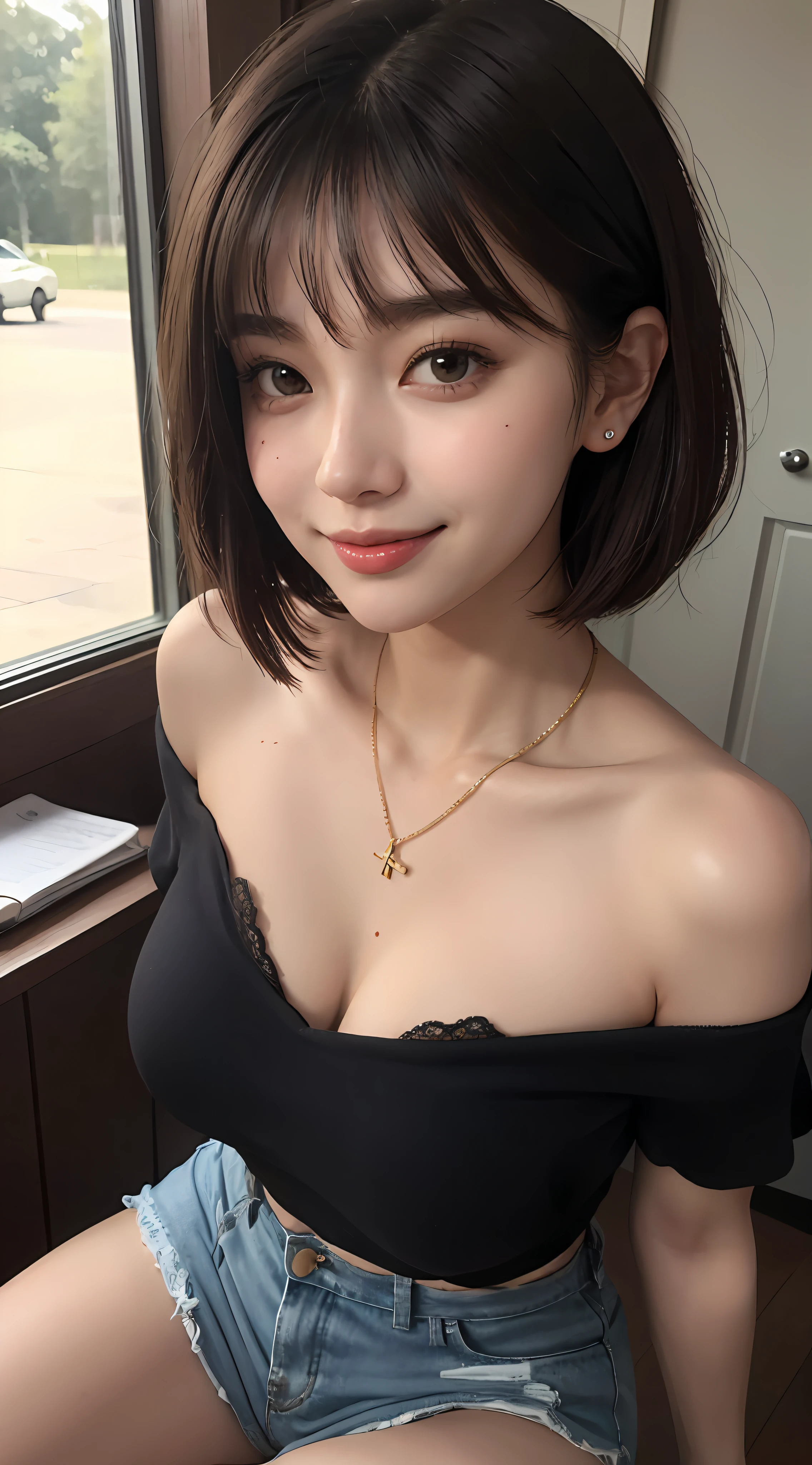 ((bestquality、8ｋ、A masterpie：1.3))、Crisp focus：1.2、Beautiful woman in perfect style：1.4、Slender abs：1.2、((Dark Brown Hair、Big Boobs：1.2))、(White button-up long shirt:1.1)、Street:1.2、Very detailed face and skin texture、detailed eye、Double eyelidd、(bestquality、8ｋ、A masterpie:1.3)、Beautiful woman with perfect figure:1.4、dark brown hair、Big Boobs、Wearing a pendant、torn shorts、Sleeping in the bedroom、highly detailed face and skin、detailed eye、Double eyelidd、bestquality、A masterpie、(photorealistic:1.4)、１Man Woman、Golden ratio、high angle shot、Kamimei、low  angle shot、perfect faces、beautiful figure、pretty face、Close-up of face、Zoom in on face、short bob、shorthair、Smiling from different angles、smiling smile、luster、highlight、gloss、Lame on the skin、Lustrous for skin、Wet skin、wet、bangs、Smile cutely、bust、、、、、、off shoulder、Refreshing charm、Full of elegance、perfect hand、Smile from an angle、smiling smile、luster、highlight、Lustrous skin、bangs、bust、、、、、、Big Boobs、Off-shoulder in warm colors、Refreshing charm、Put your ears out、Gaze to the camera、Poses from different angles