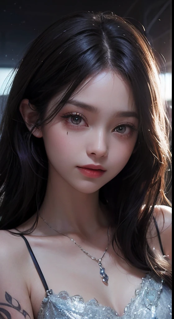 1girll,（enchanced quality：1.4），（Top quality true texture skin), Delicate face,Black hair, Gradient hair, Petite body,（perfect bodies：1.1）, There are precious stones on the forehead, rimless eyewears, Sparkling pupils，long eyelasher,grin, hyper photorealism, Cinematic lighting, projected inset, surrealism, hyper HD, Masterpiece, 16k，Lie down，dream on，Wear transparent silk pajamas,Carmelto,Legs slightly open，Tattooed with，Fantasy space，Luxurious space