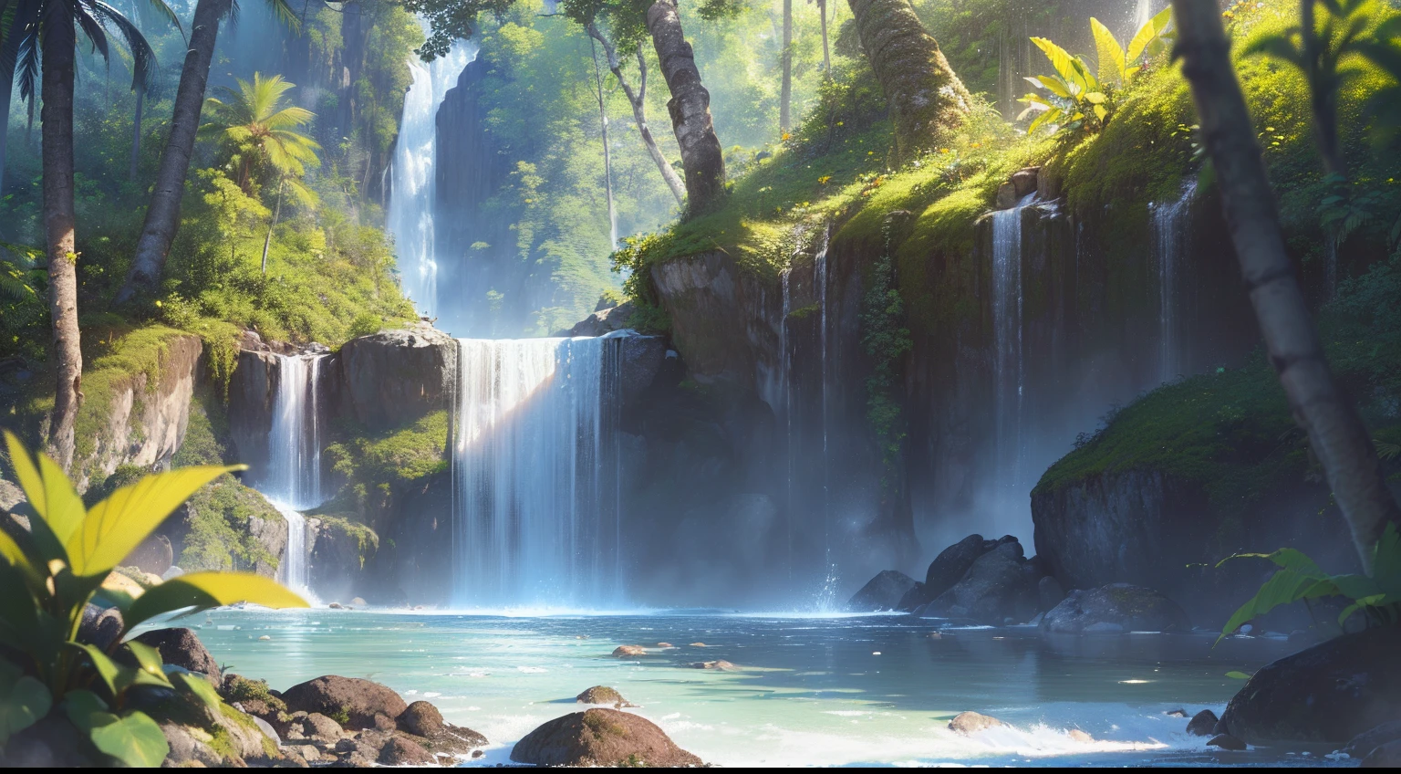 (Masterpiece, Best Quality, High Quality, Highres:1.4), Detailed, Extremely Detailed, Ambient Soft Lighting, 4K,Blurry, Blurry Background, Depth of Field, Bokeh, DOF, Fog, Bloom
Outdoors, (Nature, tropical forest:1.2), (Rocks:1.2), Mountais, Plants, waterfall,