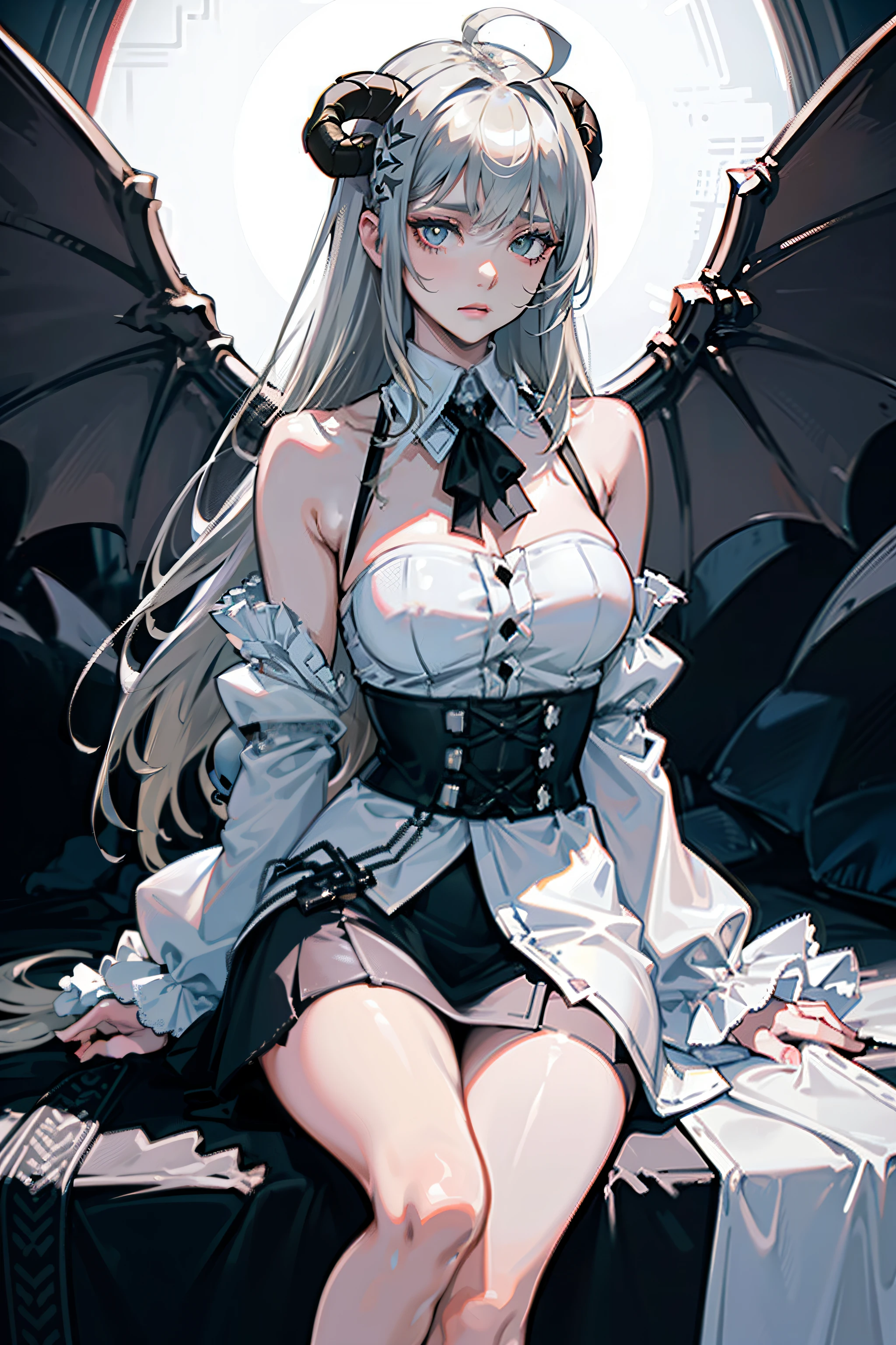 ((A masterpiece of modern digital ANIME art in 2.5 D style).(artstation in 8K).(Best image quality with high resolution).(Beautiful and skillful image composition).(Beautiful perspective of the image).(Accent in portrait style)).((Pastel colors:1.5)).(Semi portrait style) ((Beautiful dark elven girl with dark skin and Pointed ears)),((Long hair, voluminous hair )),((Aesthetic body:1.4)),((Massive horns)),((Wear an elaborate Victorian costume:1.3)),Dark colors of clothing , A haughty look (a girl lying in A large dark wood coffin with sharp iron details and soft Venetian cushions.)