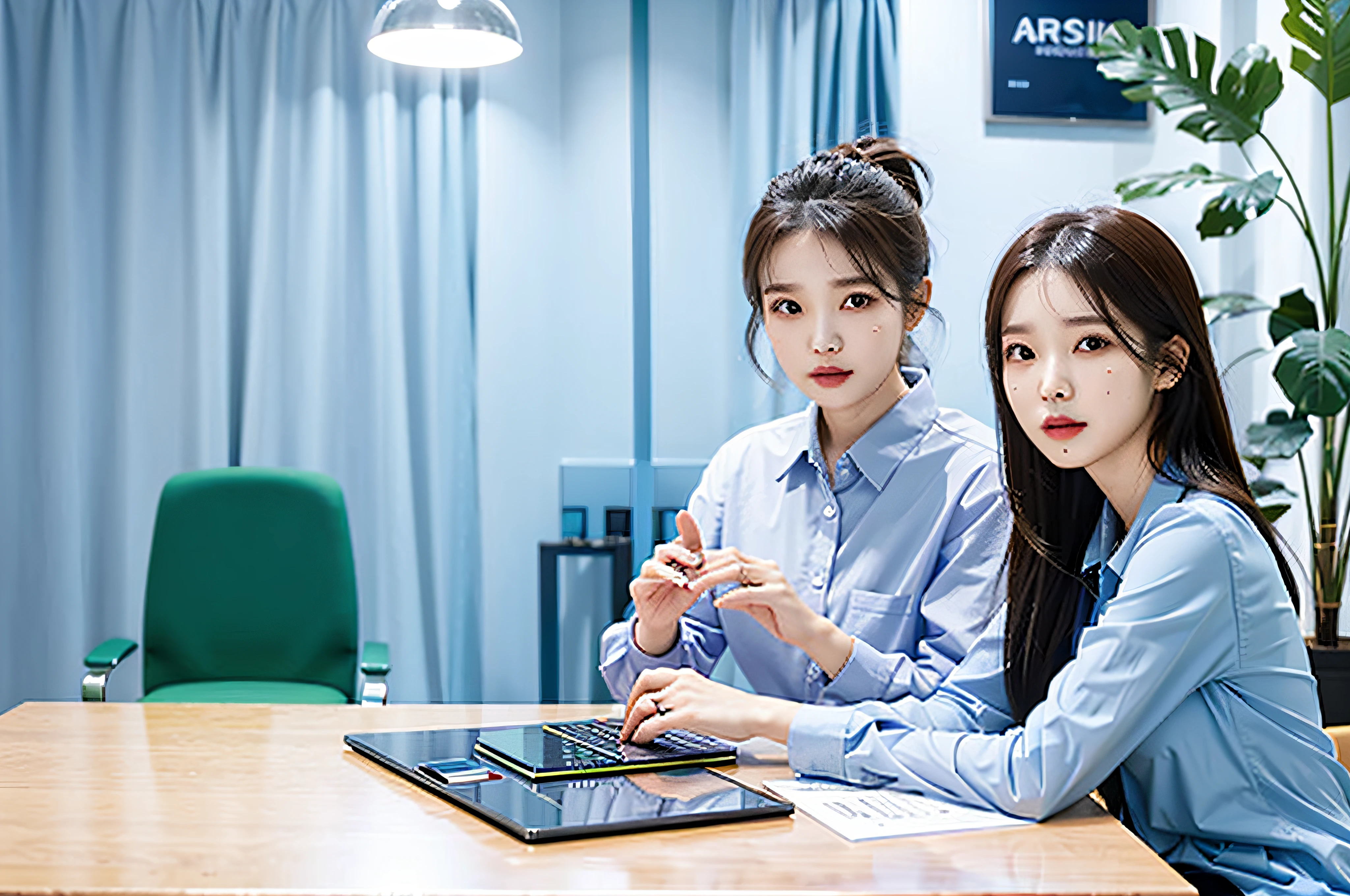 1 female,sits at a table,There are tablets and laptops, Portrait shooting, product introduction photos, Vibrant and dynamic, SleekDesign, in meeting together,interesting background, co worker, Full image, Transparent background, Close portrait,
