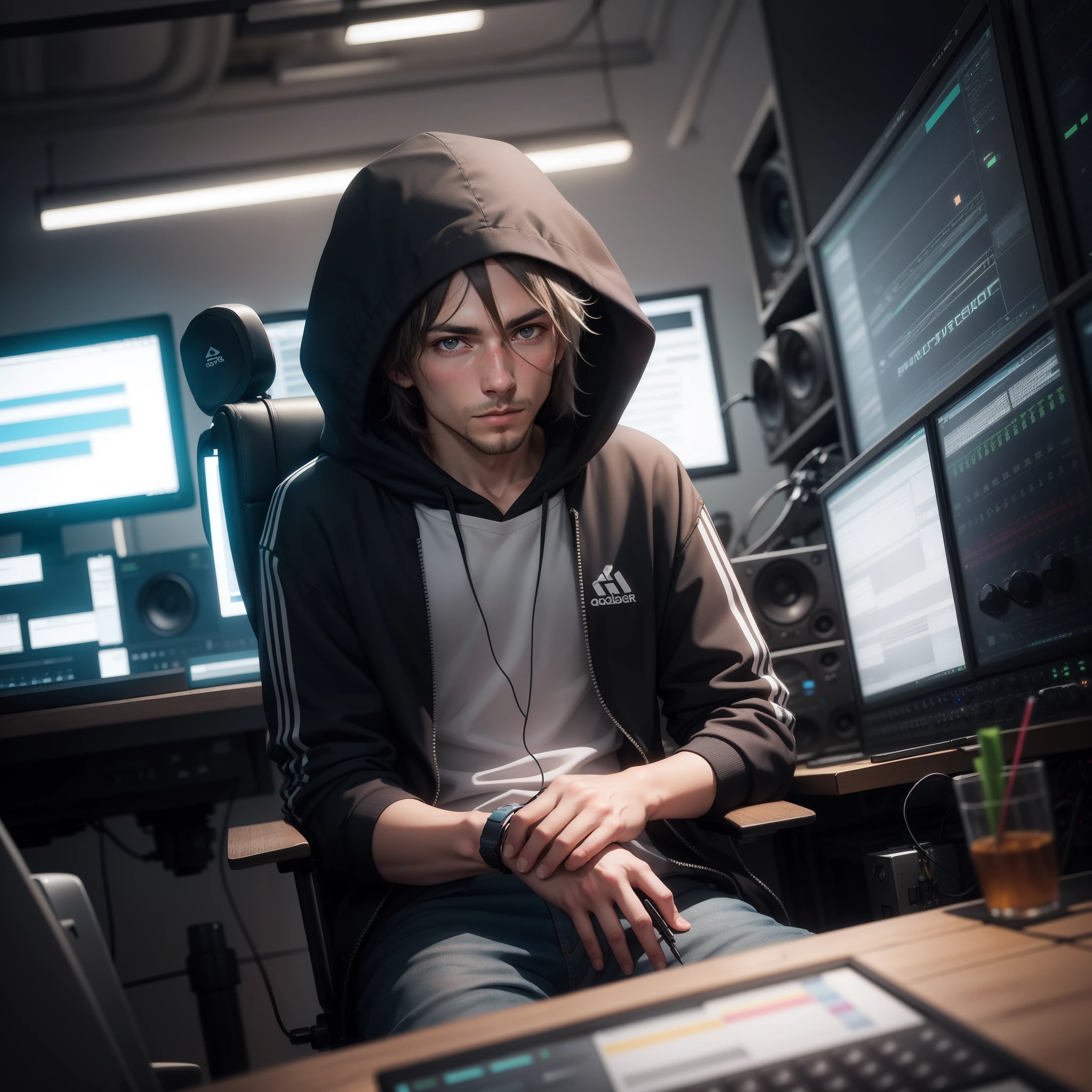 A hacker sits in front of the studio