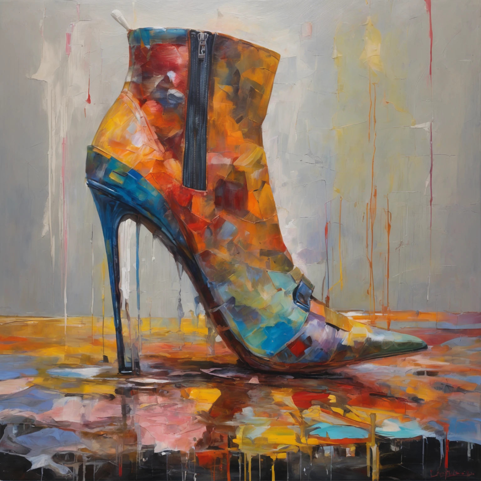 Hyperdetailed oil painting, balanced and reciprocal [glitch] still, (meditative: 1.2), (koan), matte, cerebral, (interconnect), (introspect), psyche, concept: "I Will Wear High Heels So That You Will Hear My Approach On The Cobblestones, And You Will Have Time To Repent."