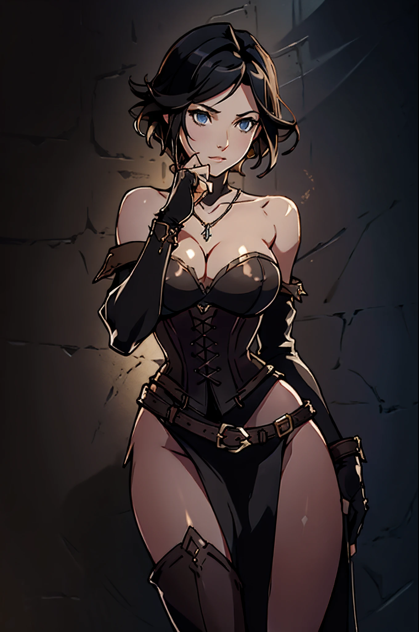 Game Art design, Octopath Traveler 2, 1girl, throne anguis, (solo:1.4), (portrait shoot:1.4), 1girl, black hair, medium breasts, cleavage, collarbone, corset, dagger, high heel boots, holding dagger, jewelry, knee boots, necklace, poncho short hair, side slit, dynamic pose, extremely detailed face and eyes, absurdes, beautiful shadow and lighting, ambient occlusion, shady back alley background