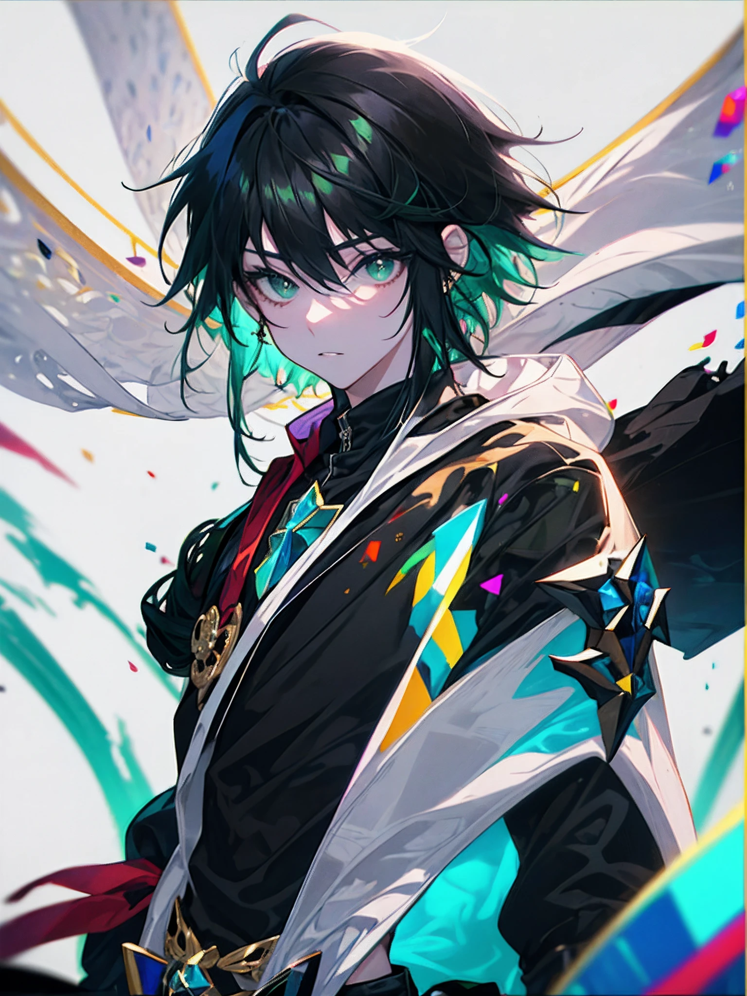 UHD, retina, masterpiece, solo, ((anime boy with black hair and green eyes with pointed ears)), ((wearing black adventuring gear)), ((black outfit)), (((rogue))), (fantasy), ((has pointed ears)), (((extremely detailed))), white background, super detail, high details, high quality, award winning, best quality, highres, 1080P, HD, 4K, 8k, 16k