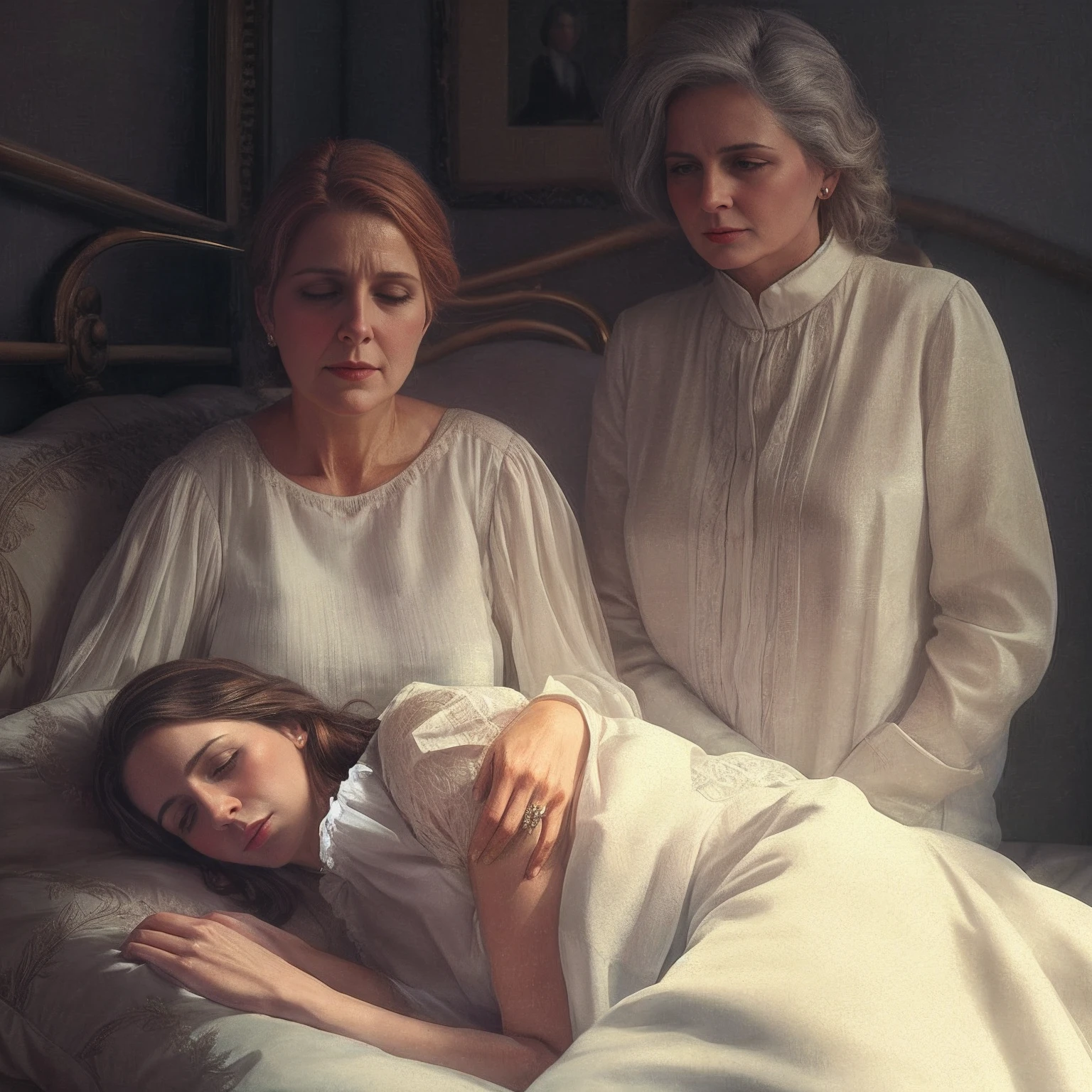 There are two women who are around a woman in a bed, Foto autocromo premiada, a still of an ethereal, inspirado em Albert Edelfelt, Directed by: Artur Tarnowski, Directed by: Barbara Balmer, Alexey Egorov, Filme dos anos 1910 ainda, Directed by: Alexander Mann, inspirado em William McGregor Paxton, Liepke