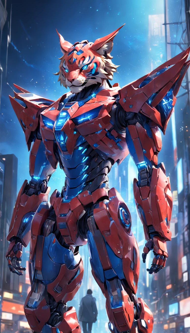 (A cybermecha Tiger with a sense of transparency:1.5), (Cyber Mecha blue and red Tiger:2.0), (extremely detailed CG unity 16k wallpaper:1.1), (Denoising strength: 1.45), (tmasterpiece:1.37), (Full body posing:1.4:), whole-length, Dynamic angle, starry sky, lifelike texture, side lighting, sparkle, glowing light, ray tracing, ((masterpiece)), (masterpiece), best quality, UHD