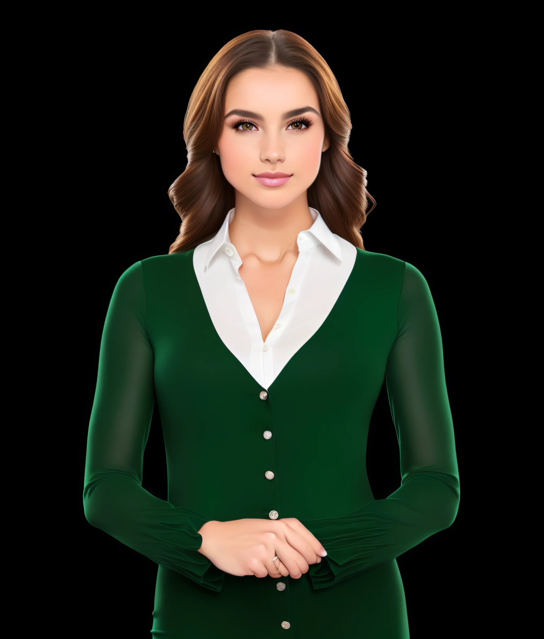 Un primer plano de una mujer con un vestido verde y camisa blanca, Mujer en vestido de oficina, Render de abril, Arte digital de un elegante, Modelo de mujer, Retrato de la parte superior del cuerpo, usar una blusa, Mujer de negocios, en un polo verde oscuro, Chica con traje, Chica de traje, Joven empresaria, Mujer en traje de negocios, Ella lleva un vestido verde oscuro