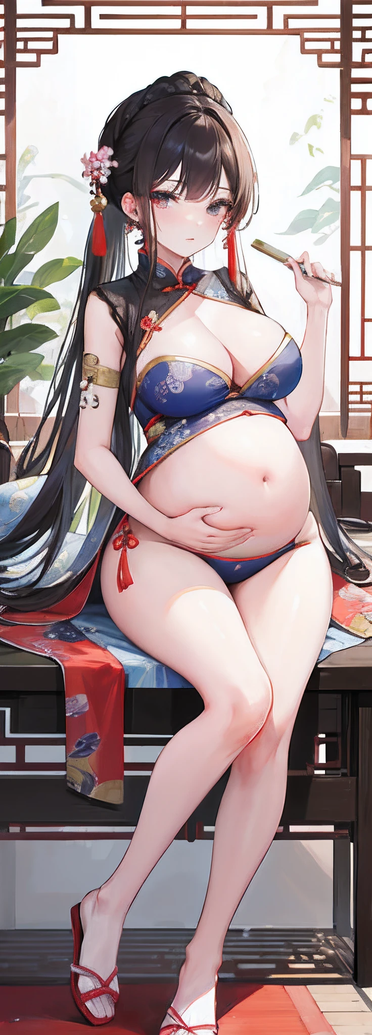 Masterpiece, Best quality, The pregnant woman touches her pregnant belly, The expression of Chinese home garden is implicit, Ancient China