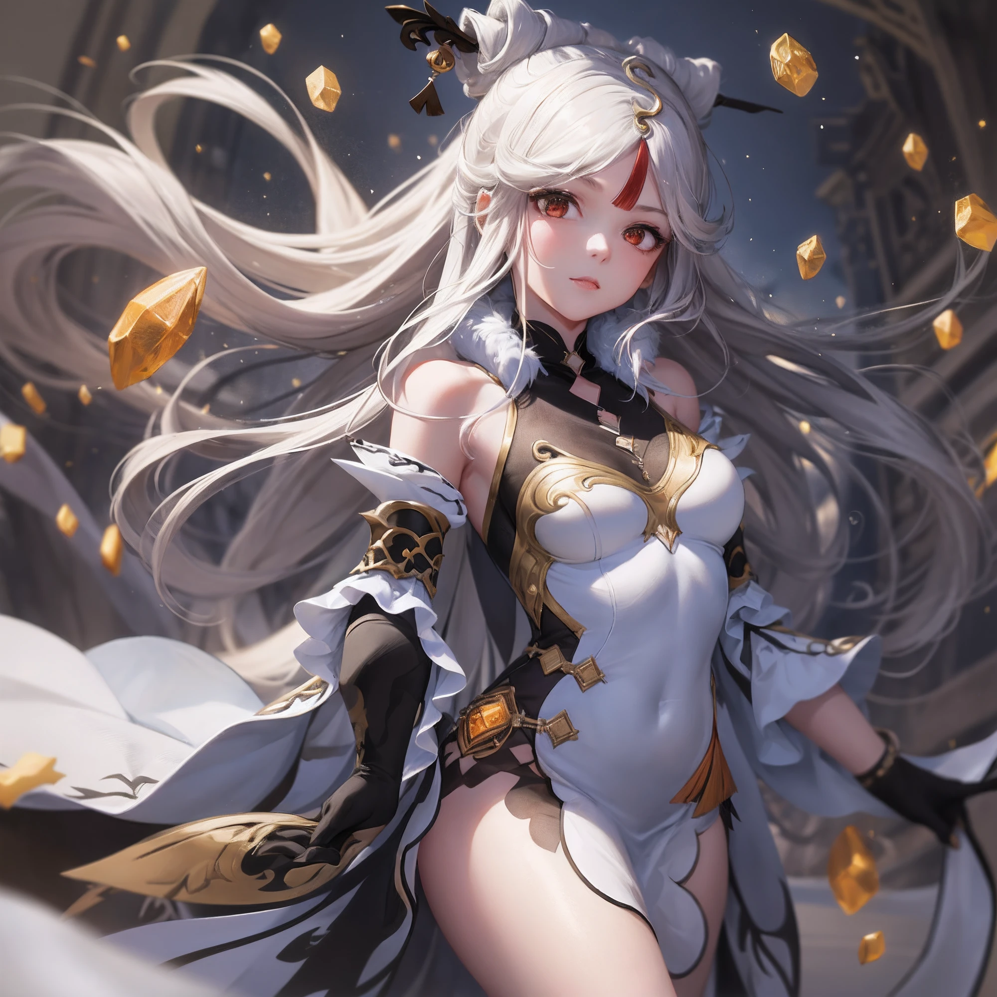 8k, resolution, high quality, high resolution, best quality, best resolution, absurd resolution, ray tracing, high detailed, masterpiece, extremely detailed,shoulder length white hair, female,white 2 wolf ears, teenage girl, slim body, white scale dragon tail,black boots,black leggings, school skirt, white jacket, medium size chest, detailed blue eyes, detailed beautiful face,solo female,1 dragon tail, detailed eyes