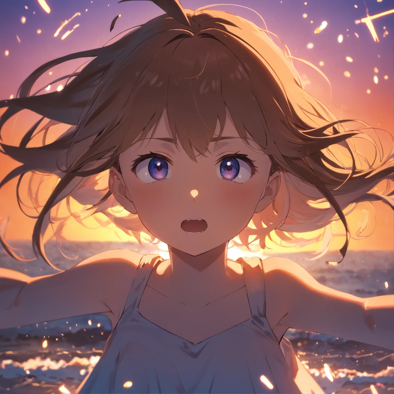 obra-prima, melhor qualidade, filme ainda, 1girl colegial, garota nuvem, floating into the sky, close-up, brilhante, feliz, Soft lighting and Warm, sun sunset, (Sparks: 0,7)