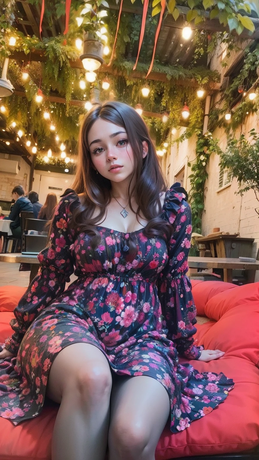 Anime art style, arafed woman sitting on a red cushion in a garden, wearing pink floral gown, violet myers, high quality portrait, profile picture, 18 years old, photo of young woman, wearing pink floral chiton, 19-year-old girl, profile pic, valentina remenar, charli bowater