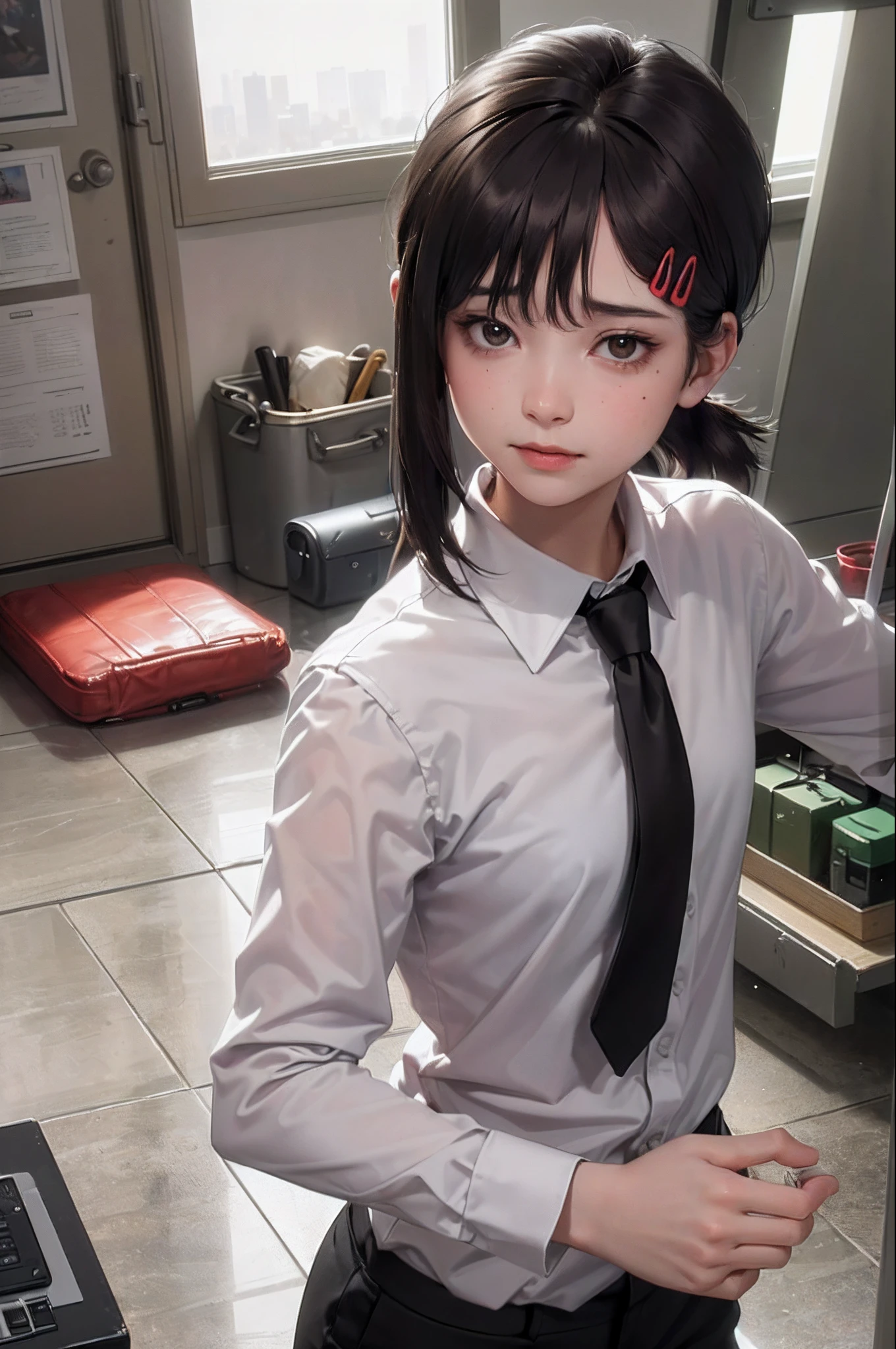 masterpiece, best quality, ultra-detailed, illustration, epic lighting, cinematic composition, isometric, 1girl, solo, cute, brown eyes, black hair, swept bangs, single sidelock, red hairclip, white collared shirt, black necktie, black pants, formal, enchanting gaze, captivating pose, indoors, office, door, opening door, looking at viewer, peeking out upper body, blush, seductive smile, closed mouth,(8k:1.1),