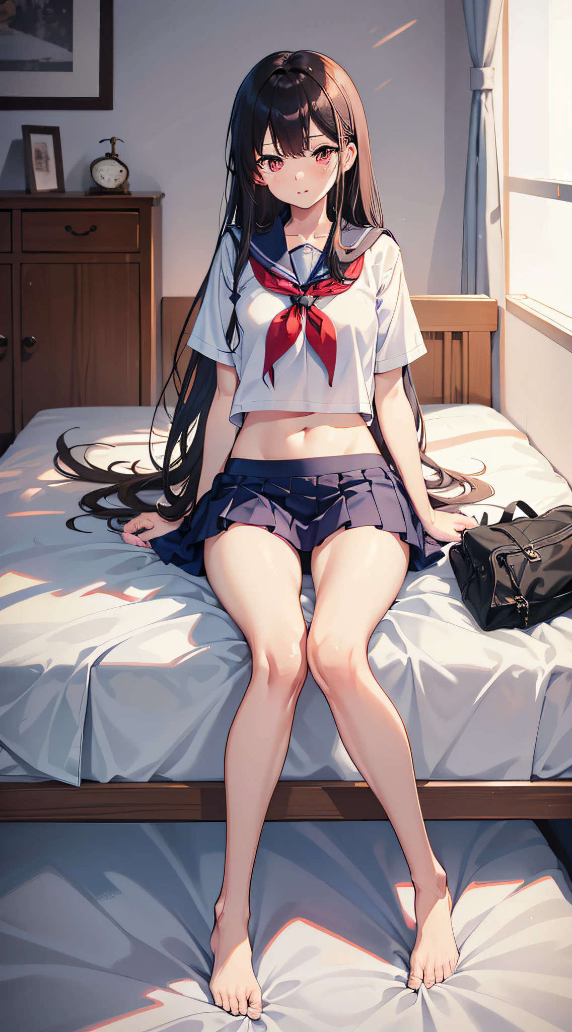 masuter piece、top-quality、masutepiece、girl sleeping on tatami、Lying on tatami mats、Eyes closed、bad sleep stages、((1girl in))、Plain clothe、(Denim skirt)、a miniskirt、Full body shot,((up skirt))、(((I can see panties:1.3)))、The clothes are fluffy、Realistic legs、Wearing socks