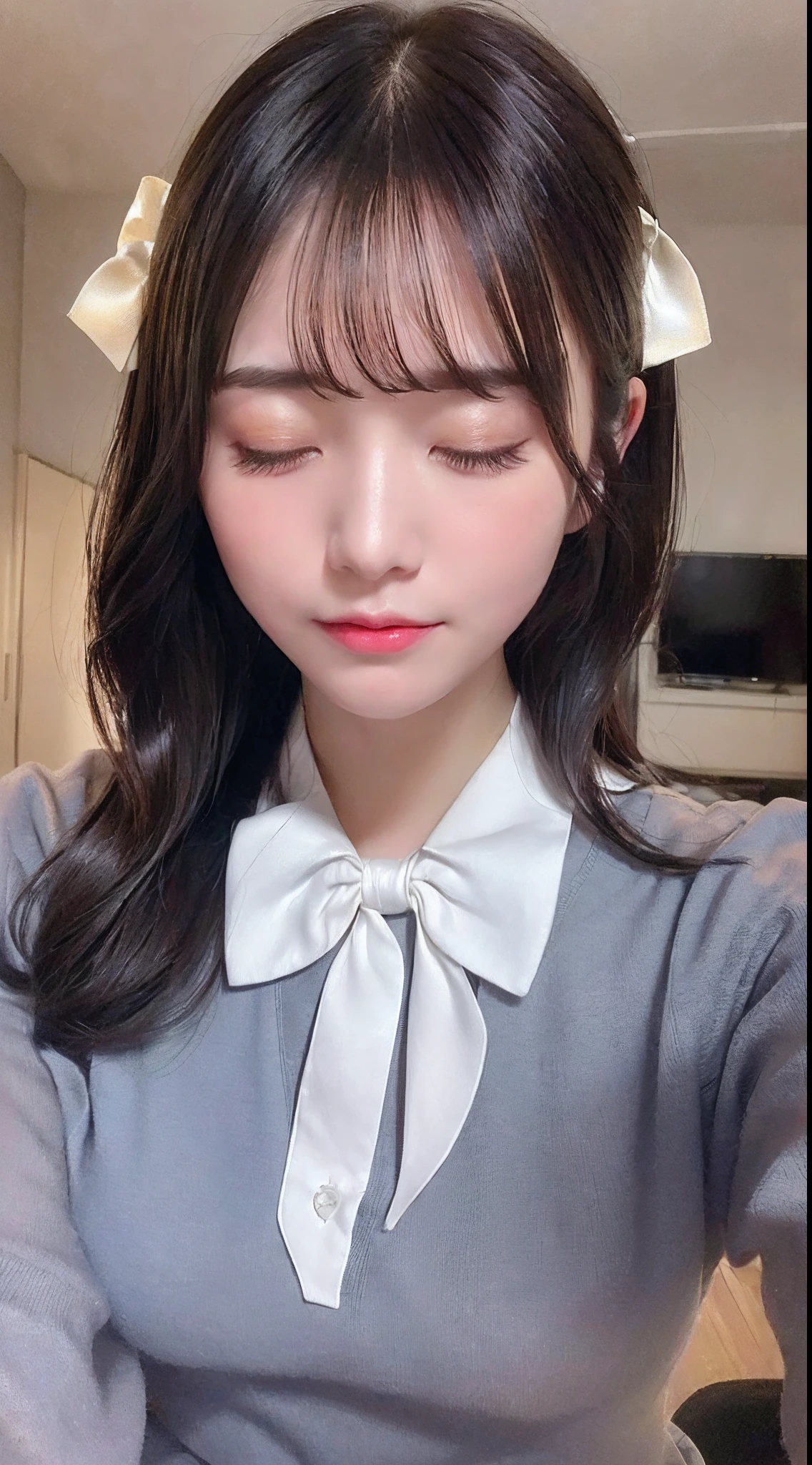 Closed eyes, face to the viewer, close-up, ((in 8K,Raw photography,top-quality,masutepiece),high definition RAW color photos professional close-up photos,(realisitic,photorealisim:1.37),(top-quality),(Best Shadows),鎖骨, ((up of face)),((directly in front)),A sexy,超A high resolution,High Definition CG Unified 8K Wallpapers,physically-based renderingt,Cinematographic lighting),a 18 year old girl, (dress shirts, bow ribbon,high-school uniform:1.2),High School Classroom, beautiful finely detailed eyes, Light on the Face, ((up of face:1.2)), especially strong light, (Kamimei,ignore:1.2),glowy skin,((A dark-haired,bobhair:1.2)),(Kiss Face), full of shyness, (The Flash:1.2), NSFW, (Idol),((POV:1.2)), ((Good anatomy:1.2)),((Kissing face with closed eyes:1.2)),face perfect,kawaii faces,(high-angle shot:1.2)