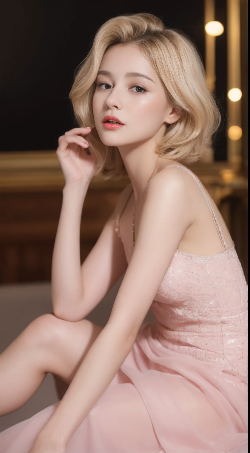((An ultra-high picture quality、top-quality、8k picture、masterpiece:1.3))、Crisp focus:1.2、Beautiful woman with perfect body shape:1.4、The most beautiful face、Super Slender、abdominals:1.2、((blondehair、short-cut、Beautiful and big breasts:1.2、tchibi、)highest blonde hair、)、Perfect blonde hair、Perfect short hair、a wet body:1.5、Very delicate skin texture、A detailed eye、二重まぶた、German、 student、German beauty at 15 yfect five-finger、Delicate and perfect hands、perfect arms、perfect leg、perfect foot、night city background、Inside a luxury cabaret、perfect eyes、Perfect makeup、red-lips、A slight smil、open the legs widely、Delicate hair、skinny body、Ganimata leg opening、Hands behind the body、bich、high quality make up、Gorgeous and elegant hair、Bewitching face、Best Makeup、The cutest beauty in the world、Best Hair Styling、Stylish hair and makeup、The cutest in the world、(Gorgeous and elegant top-of-the-line pink dresses、)Finest pink dresses、Wear hair ornaments、Simple piercing、Glamorous atmosphere、Wear high-heeled shoes、Wear a luxurious necklace、Short stature、tchibi、Infant face、Wearing the most glittering luxury bracelet、Wearing a diamond anklet、Gentle face、Perfect young face、Innocence、Overall dark、Full Lolita Face、a baby face、Sexy Cst、Sexy face、Sexy little girl、Chic and classses、Everything is very beautiful、Lace luxury panties look perfect、Finest Long Dresses、Interior background of the cabaret、Luxury Pearl Necklace、Thin thin eyebrows、Young German 15 years old、
