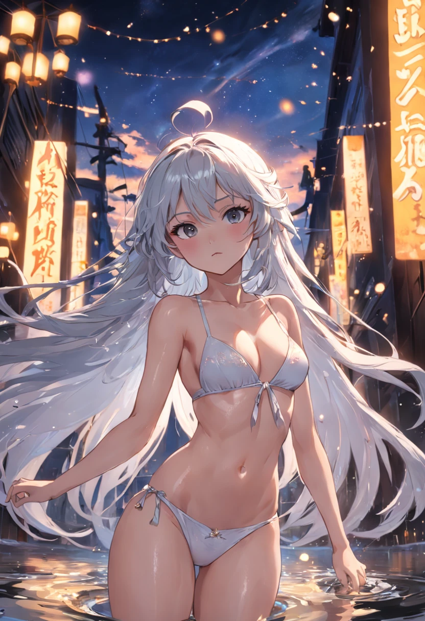 madura ,cabelos de cor preta,cabelos flutuantes,Delicate and agile eyes,Pupilas estreladas,Divirta-se,esguio,mid chest,Apenas fatos de banho,Light white bikini with high fork,Dance