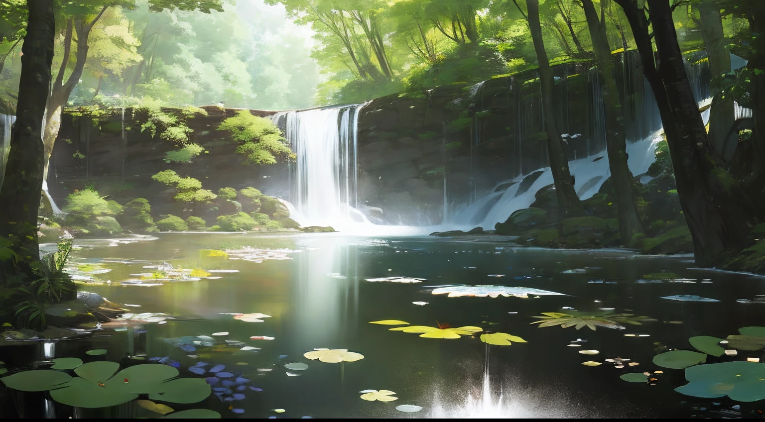 (masutepiece, Best Quality, High quality, hight resolution:1.4), Extremely detailed, Ambient soft lighting, 4K, Outdoors, Nature, forest, Trees, tussock, Plants, Flowers, River, Caustics, Water flow, ripples, (Waterfall:1.2), pond, dense woods, lush foliage, distant,Woman Standing On Rock With Backpack, perspective、Perspective、Majestic panorama、HD Detail、Hyper-detailing、movie、Soft light、Deep field focus bokeh、Ray traching、