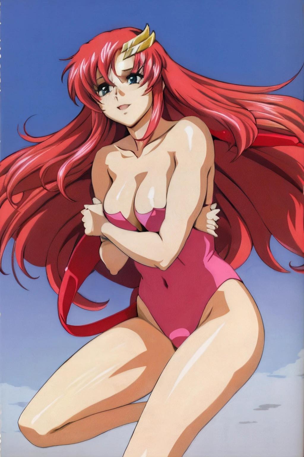 (masterpiece, 4K, Best Quality, Anime style: 1.9, bold drawing lines, High color saturation, Detailed face, tall, Adult Woman, lovely, (cloud background), Drawing lines, high resolution, Anime, lacus4), 1girl in, Solo, curvy figure, Long hair, 鎖骨, scapular, Wavy Hair, Detailed wide hair bangs, Hair Ornament, Detailed reddish-pink hair, cleavage, large hands, Big blue eyes, Smile, closed mouth, Very happy, closed fists, (laughing, open mouth), ((medium breasts)), (strapless wrestling leotard, bare thighs, strong arms, biceps, rib lines, lip stick, (lean forward), legs