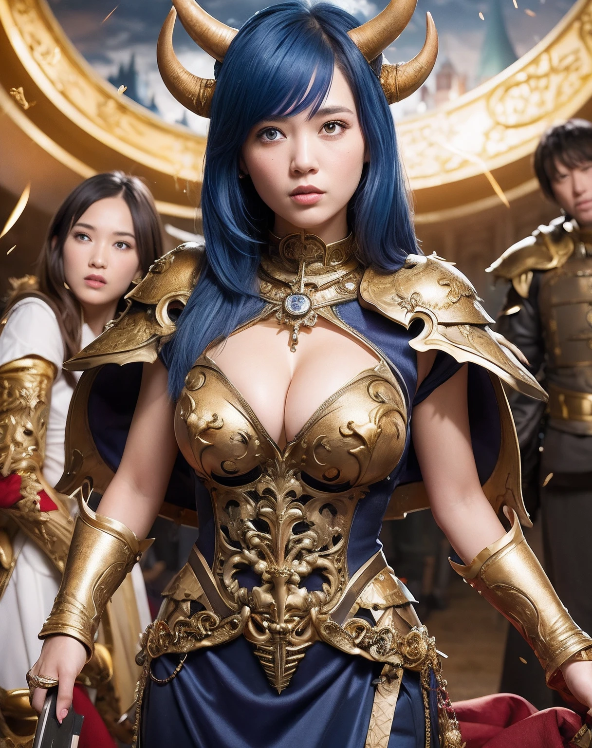 Professional , masterpiece、top-quality、photos realistic , depth of fields 、(Gemstone Blue Metal Body:1.2),(Matte Blue Black、(Standing in the church)、gold patterns、Wind-effect、Light Effects、Wind-effect、magic circles、(cleavage of the breast)、Dragon Gold Weapon(Dragon Metal Body:1.4),Gorgeous gold weapons ,(Particles of light)、 ,Fight legions of soldiers in skeleton armor ,(fierce look)、Mystical expression、16-year-old beautiful girl、(( Dragon's dense and gorgeous sword)) , Ultimate Beauty 、((Blue hair))、(Castle background)、Fight dragons、Fight with weapons、((Gangle's forest background))、Beautiful Caucasian beauty、(1a person)、dynamic ungle,(((Details of the two demon horns on the head)))、Smaller head、A smile、Castle background、Thin and beautiful female hands、cleavage of the breast、Soldier in iron armor on background、Mystical expression、Light Effects、Wind-effect、magic circles、With the legendary magic wand、(demonic wings)、(Blue hair)、(1 persons)、Battle Look、Anatomically correct body、Toostock、Toostock、knee、Fight soldiers with skeleton armor ,