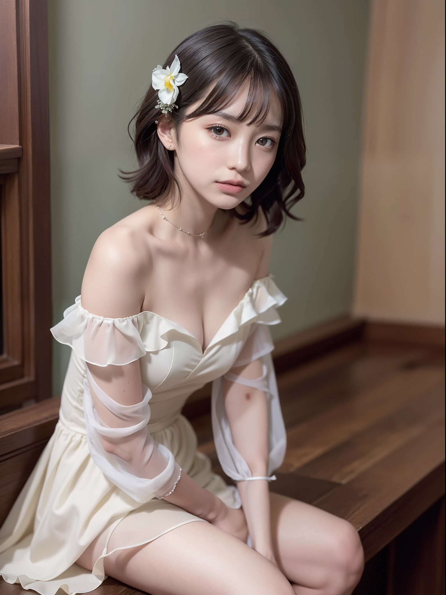 Mix 4, (8k, Live Shooting, Highest quality, masterpiece: 1.2), (Real, Photorealistic: 1.37), 一人のgirl, cute, night, rain, Wetty, Professional Lighting, Photon Mapping, Radio City, Physically Based Rendering, Gradient black hair, Gray Hair, Short Curly Hair, good looking, girl, Highest quality写真, High resolution, 1080P, (Clear Face), (Detailed face description), (Detailed hand description), (masterpiece), (Exquisite CG)、Extreme light and shadow、Disheveled Hair、Masterwork、Rich details、(Fine facial features)、(Highest qualityの写真)、(Masterpiece)、(Detailed eyes)、Look in front of you、Detailed clavicle、((Mid-breasted))、Nipple erection、Sexy、Lady、Clear、Smooth Hair、Clothes are not shiny、rainで服が濡れている、My clothes are soaked、Clothes are wet and stick to the skin、大rain、ゲリラ豪rain、Hydrangea flowers、rainが降っている、outside、night、