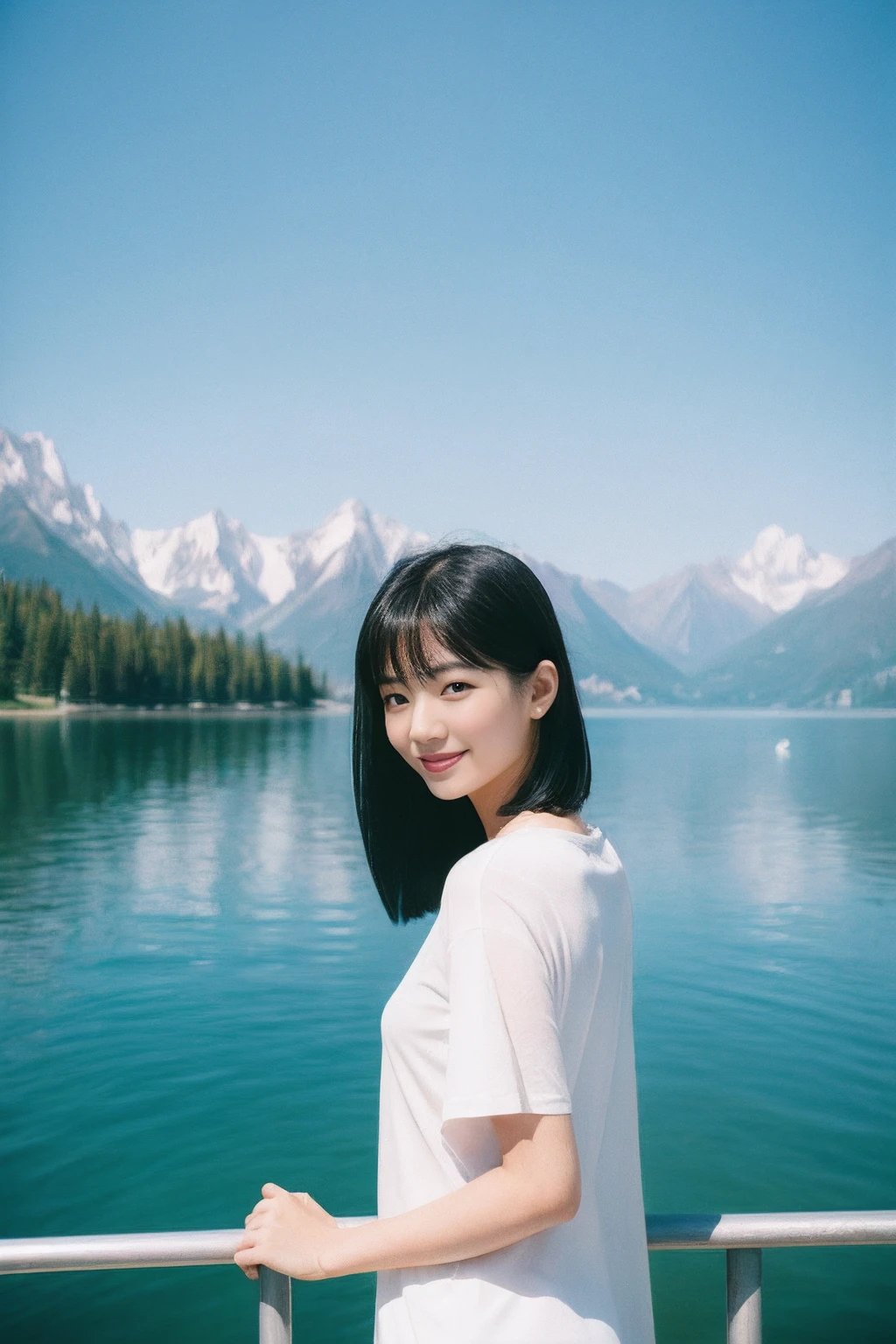 An Asian girl，Stand in front of the lake，There are swans on the lake，There is a railing by the lake，There is a big mountain behind the lake，There are a lot of trees in the mountains，The girl wears white short sleeves，（Sweet smile：1.2），Black color hair，a ball head，best qualtiy， 超高分辨率， （Foto realism：1.4）， Master masterpieces， Kodak Portra 400， filmgrain，