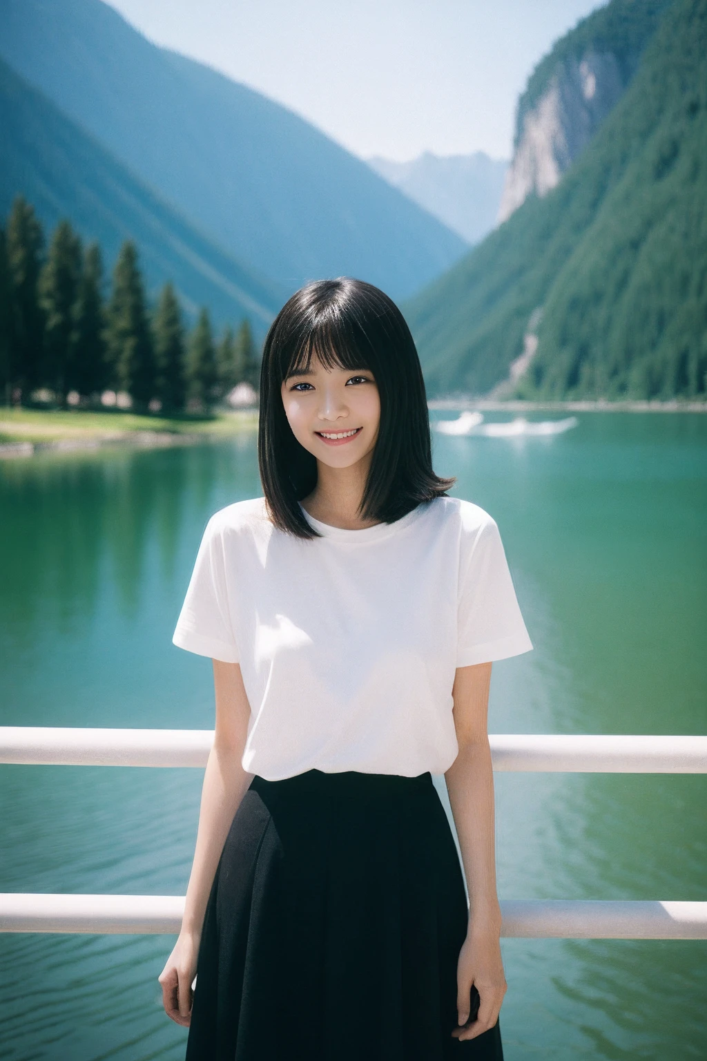 An Asian girl,Stand in front of the lake,There are swans on the lake,There is a railing by the lake,There is a big mountain behind the lake,There are a lot of trees in the mountains,The girl wears white short sleeves,(Sweet smile:1.2),Black color hair,a ball head,best qualtiy, 超高分辨率, (Foto realism:1.4), Master masterpieces, Kodak Portra 400, filmgrain,