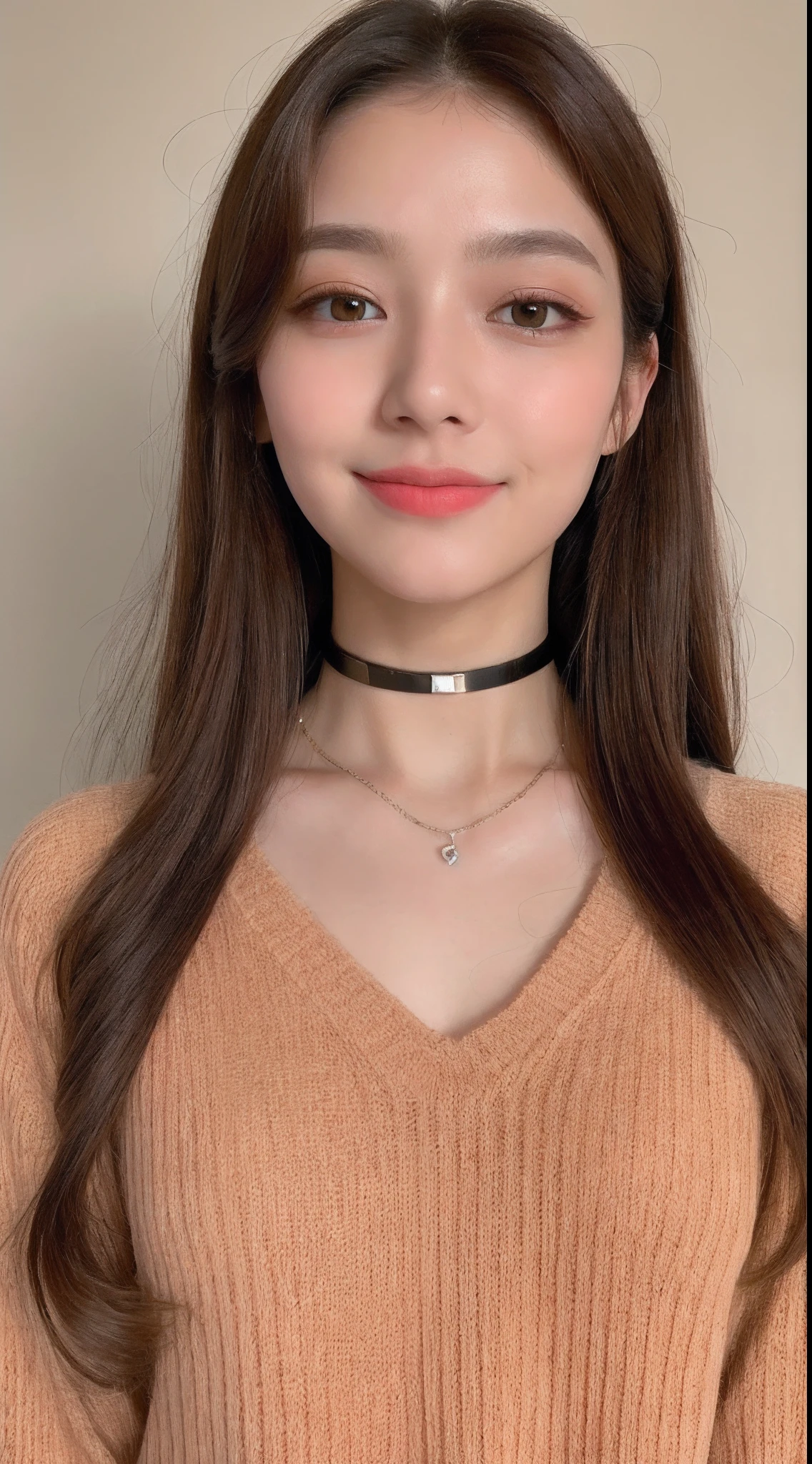 ((the night, 逼真光线, best qualtiy, 8k, tmasterpiece:1.3)), 1girl, Beautiful woman with a slim figure:1.4, Abs:1.1, (A brown-haired, mideum breasts:1.3), Long white sweater:1.1, 浴室,Ultra-fine face,Elaborate Eyes,二重まぶた,is shy,Flush,choker necklace