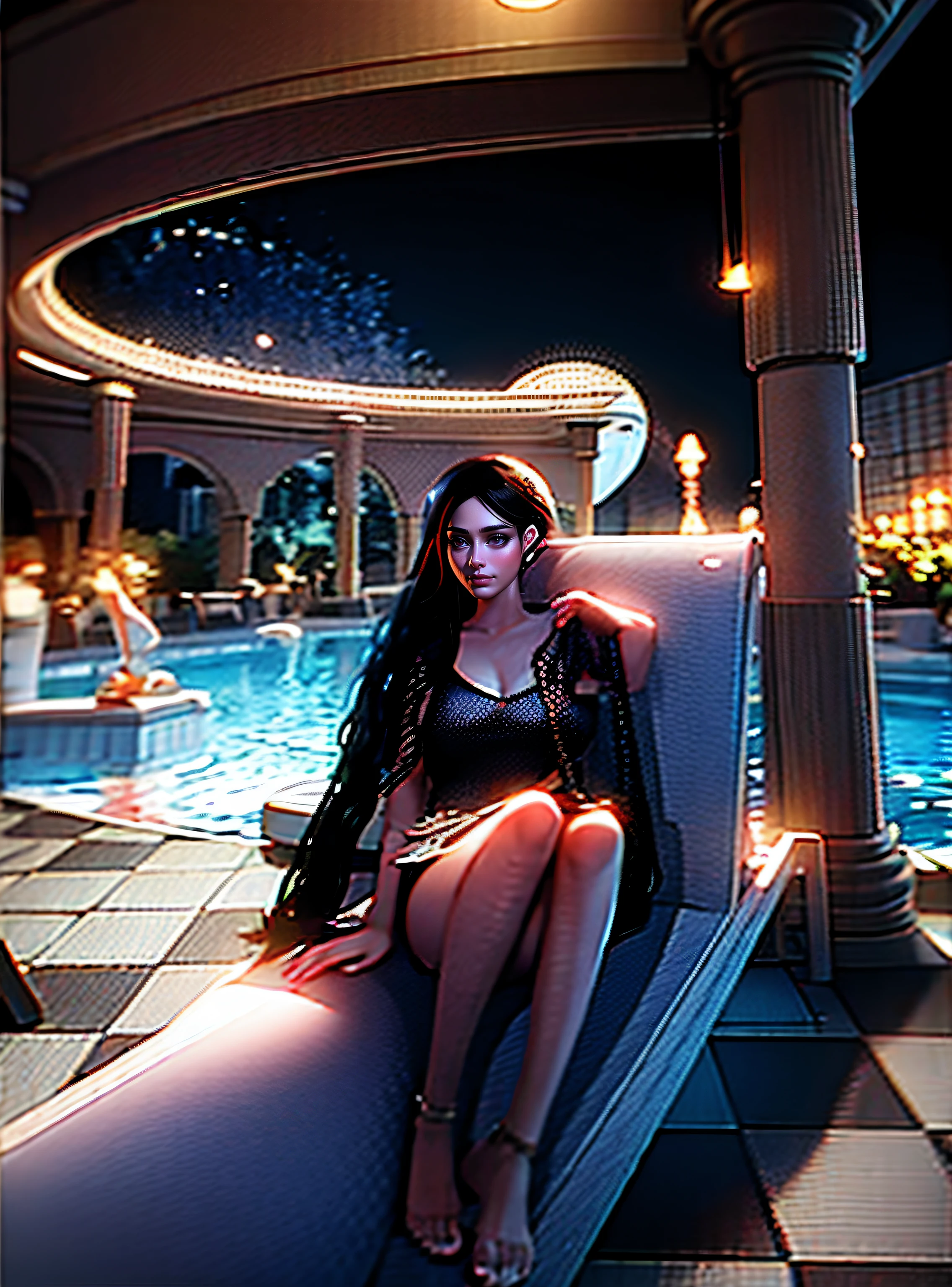 a picture of a female vampire in an infinity pool of blood watching the city at night, (Masterpiece, intense details: 1.5 ), exquisite, dreadful beautiful vampire, long black hair, intense green eyes, evil smile, fangs, busty sitting near a large infinity pool of dark ((red blood: 1.2)) there are  stone steps leading to the pool, lit by candles, elegant pool rim, (falls of blood fill the pool: 1.3), there is a crystal glass of wine near the vampire, she is wearing glamour black bathing suit, high detail, Conceptual art, Realism, cinematic lighting, moon light, reflection light, from side, panorama, ((anatomically correct:1.5))Ultra-Wide Angle, Wide-Angle, award winning, best quality, high quality, high details, highres, vibrant, Ultra-high resolution, High Contrast, (masterpiece:1.5), highest quality, Best aesthetics), best details, best quality, highres, ultra wide angle, 16k, [ultra detailed], masterpiece, best quality, (extremely detailed), Blood_Covered, vampire teeth, Dark Art Painting Style