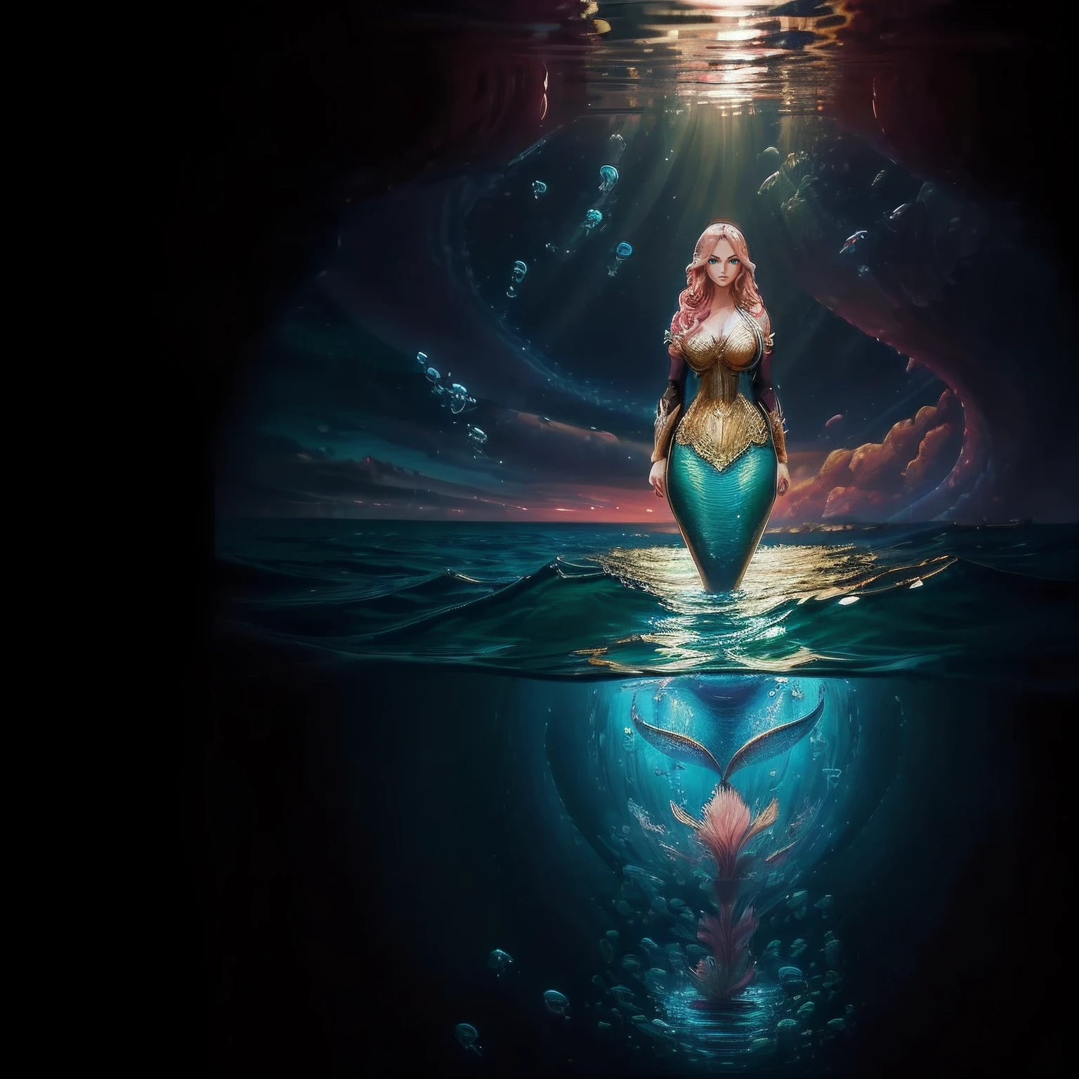 ((((an oil painting))))(((Sensual milf, Strong, Attractive, Curvaceous, Powerful, woman with tanned skin, mermaid,)))( Pink hair, Bangs, Long hair,） (Green eyes, Rectangular face like a statue,cheerful eyes, Tone, Physical hourglass, long, Mermaid tail,) Character Shots (masutepiece), (Ultra-detailed), (perfect  detail), (extremely fine and beautiful), Beautiful face, Beautiful eyes, (Detailed face, Detailed eyes), Detailed Rip, Shiny skin, Oil skin, Shiny hair, Sense of depth, depth of fields, Dynamic Angle, Scenery, Dramatic Lighting, Volumetric lighting, the golden hour, dangerous::2 (Lots of Fish), Sea scene, under the water, ,(scienc ,Fantasy),((Magic, futuristic fantasy))、Full body shot+shoe+