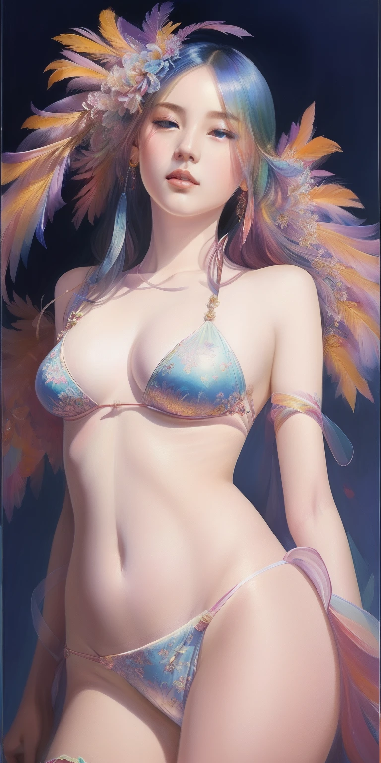 _james jean, floating female figure made of ribbons, smoke, in the sky, colorful and vibrant, mystical colors, contemporary impressionism, yanjun cheng portrait painting, iridescent painting, 3/4 perspective view, cute face, low angle, sweeping circling composition, large beautiful crystal eyes, big irises, UHD, HDR, 8K, (Masterpiece:1. 5), (the most beautiful portrait in the world:1.5)