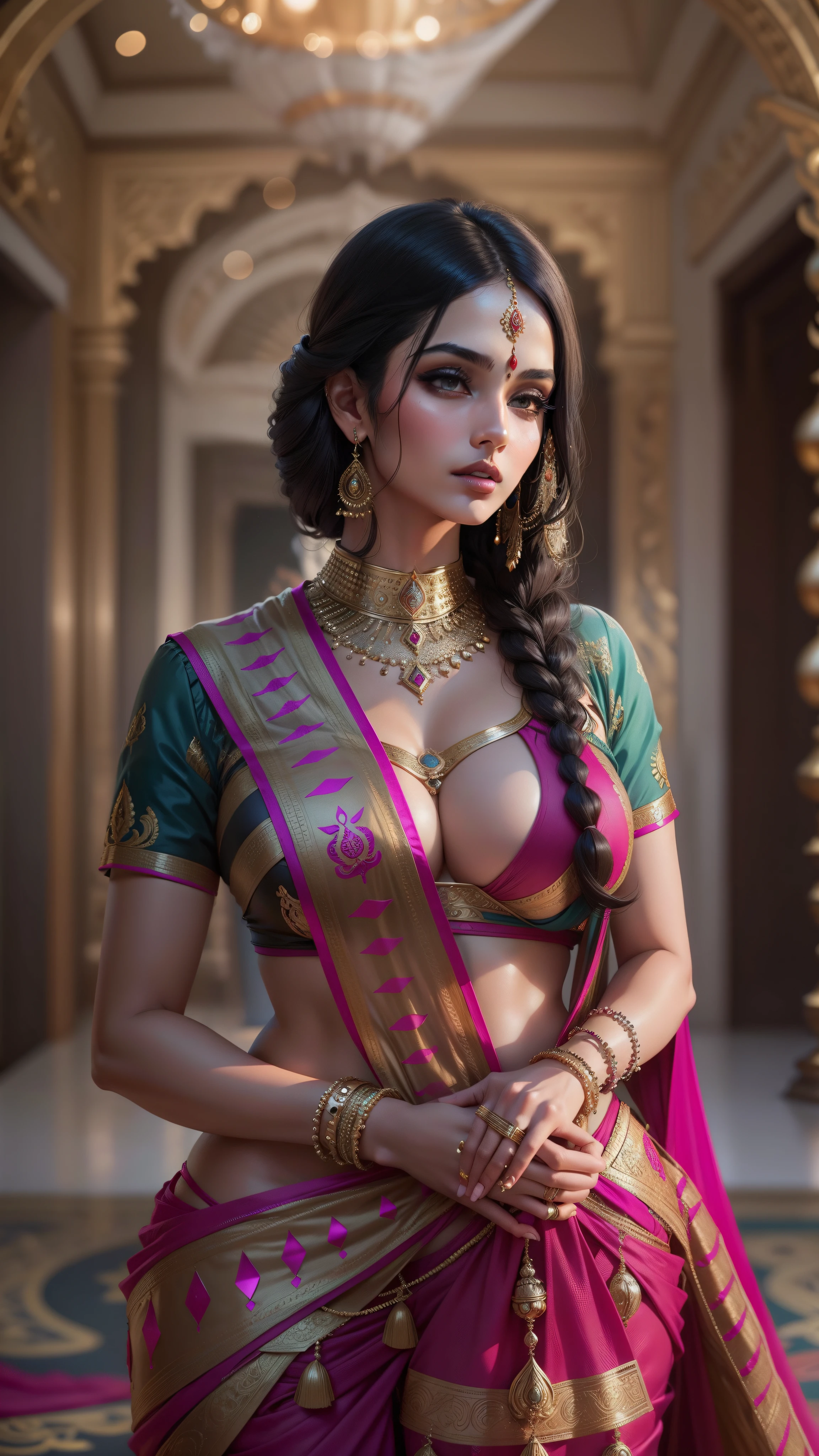 a woman in a sari posing for a picture, indian goddess, traditional beauty, indian, beautiful goddess, ornate cosplay, indian style, indian super model, beautiful maiden, gorgeous woman, south east asian with long, provocative indian, gorgeous beautiful woman, intricate outfit, hindu aesthetic, beautiful asian girl, extremely detailed goddess shot, jaw-dropping beauty, big boobs deep cleavage sexy navel
