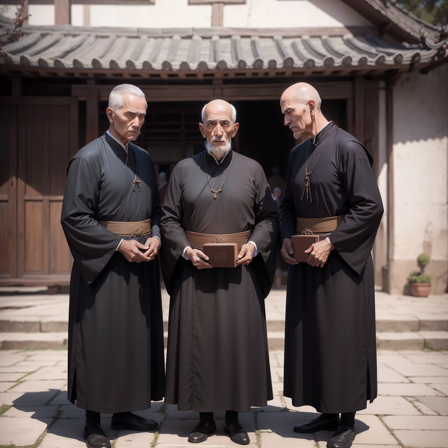 three elderly monks, velhos, risonhos, gargalhadas, na antiga China, in a square, Ultra realista