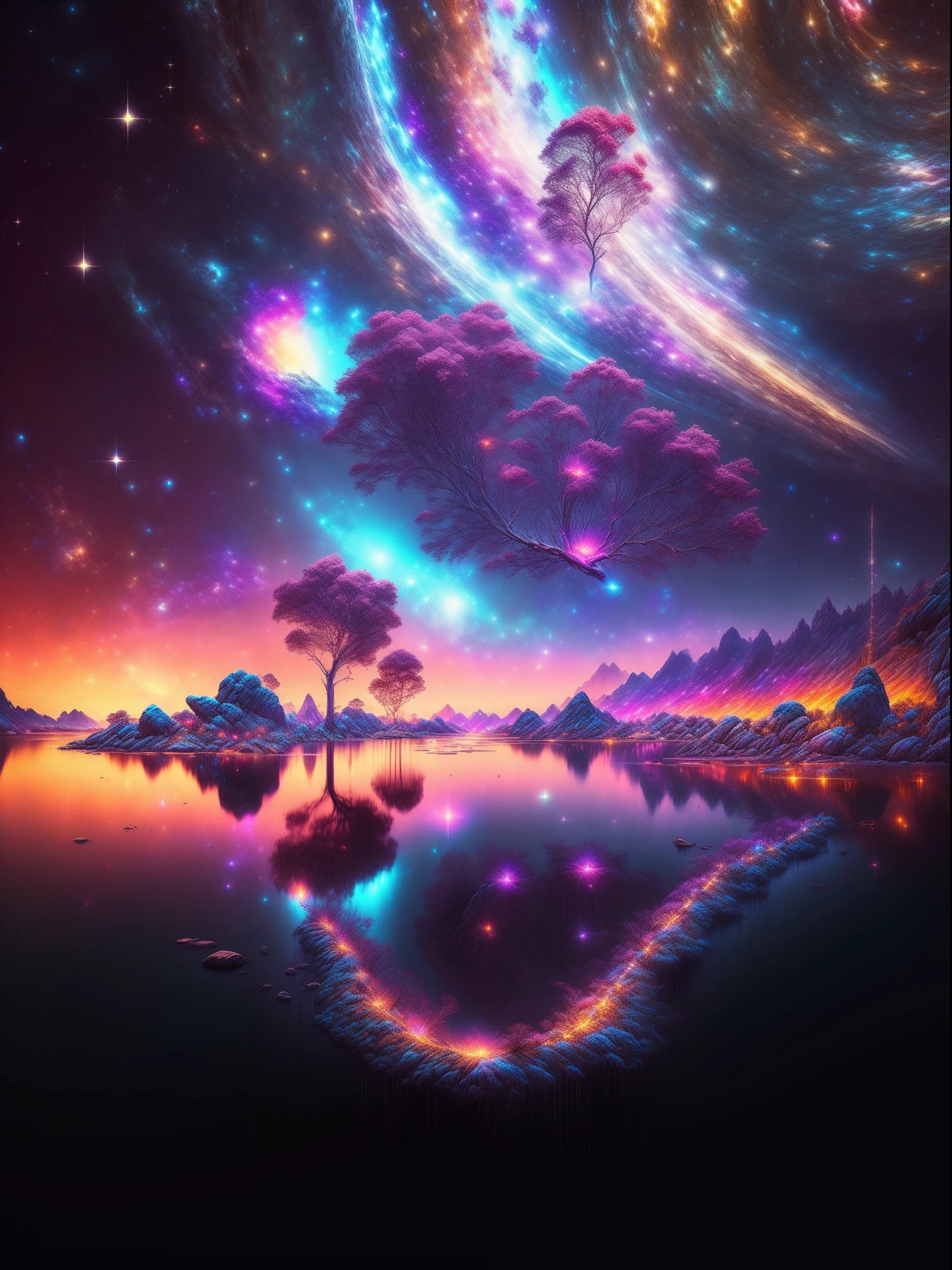 tmasterpiece, beste-Qualit, Art Station, Extremely detailed ,landscape,Perfectly proportioned, Contrast display, ultra realistis, black backdrop, galaxy, Endless Lights, Strewn with fine flash details, 8K, 真实感, The vibrant, luminescent, Exciting, hyper-detalied, The vibrant, Filmic, Environment Occlusion, chromatic aberration.