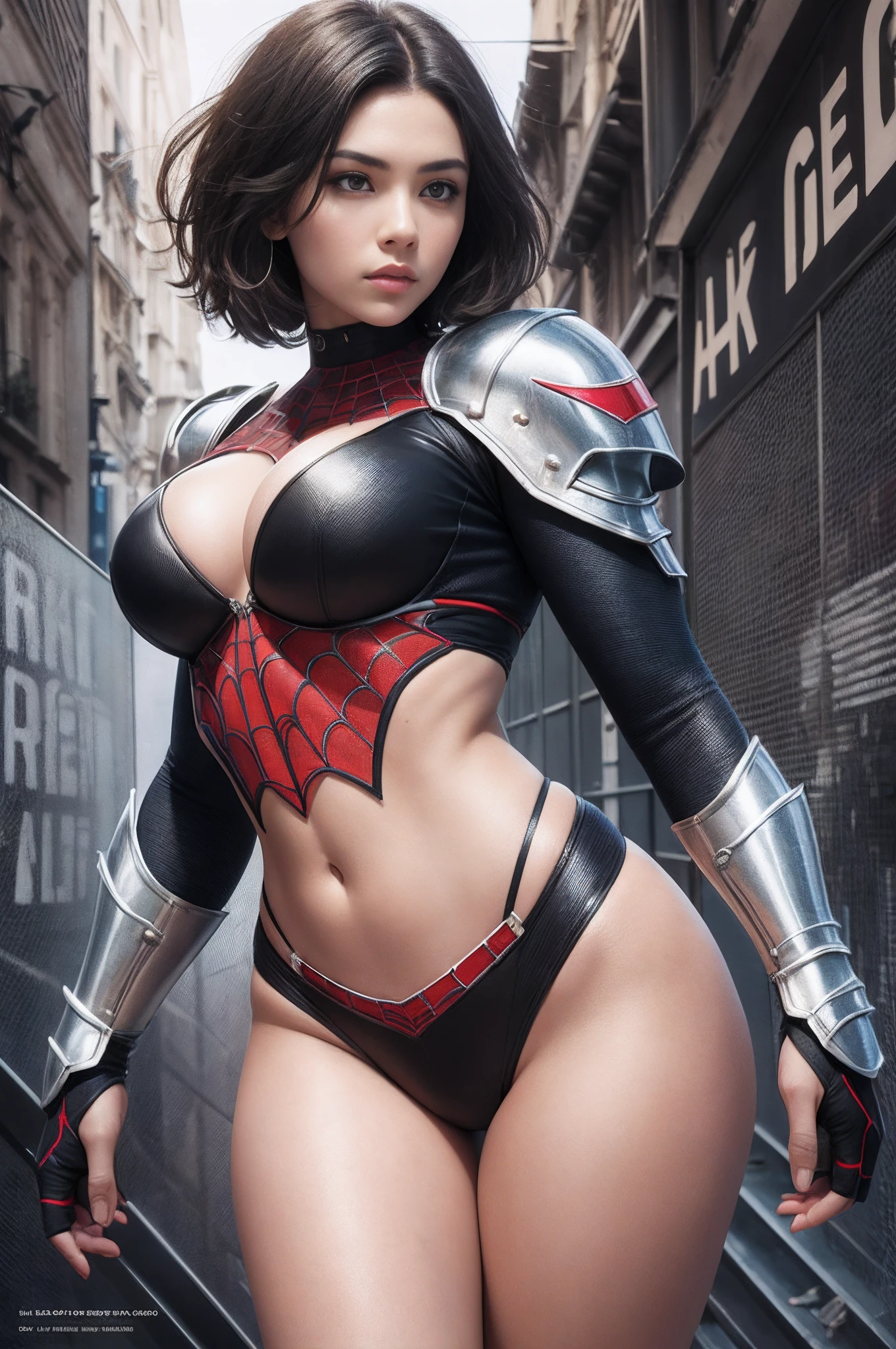 paris metro, spiderwoman , adult African Amazonian woman, short woman, beautiful, brunette, short hair, straight hair, medium breasts, large thighs, thick big ass, serious stunning face, with skintight white titanium armor, hdr, uhd, 64k, highly detailed, professional photography by sergio nogueira, trending on artstation, unreal engine, vivid colors, high resolution scanning, 8k, ultra --auto --s2