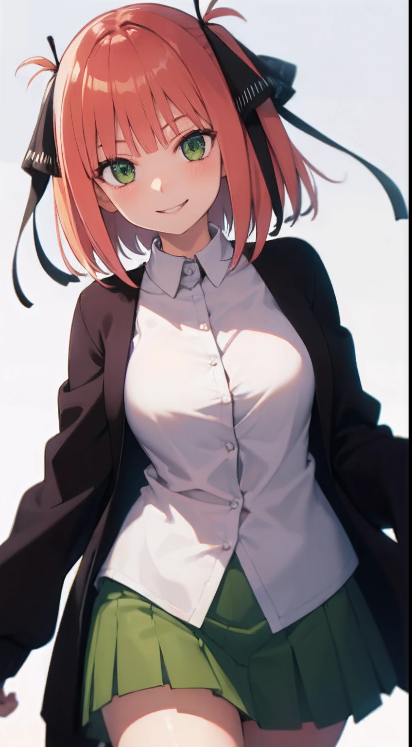 masutepiece, Best Quality, hight resolution, nn1, 1girl in, Hair Ribbon, Short hair, Green skirt, White shirt, white thighhig, Long sleeves, Black cardigan,A smile