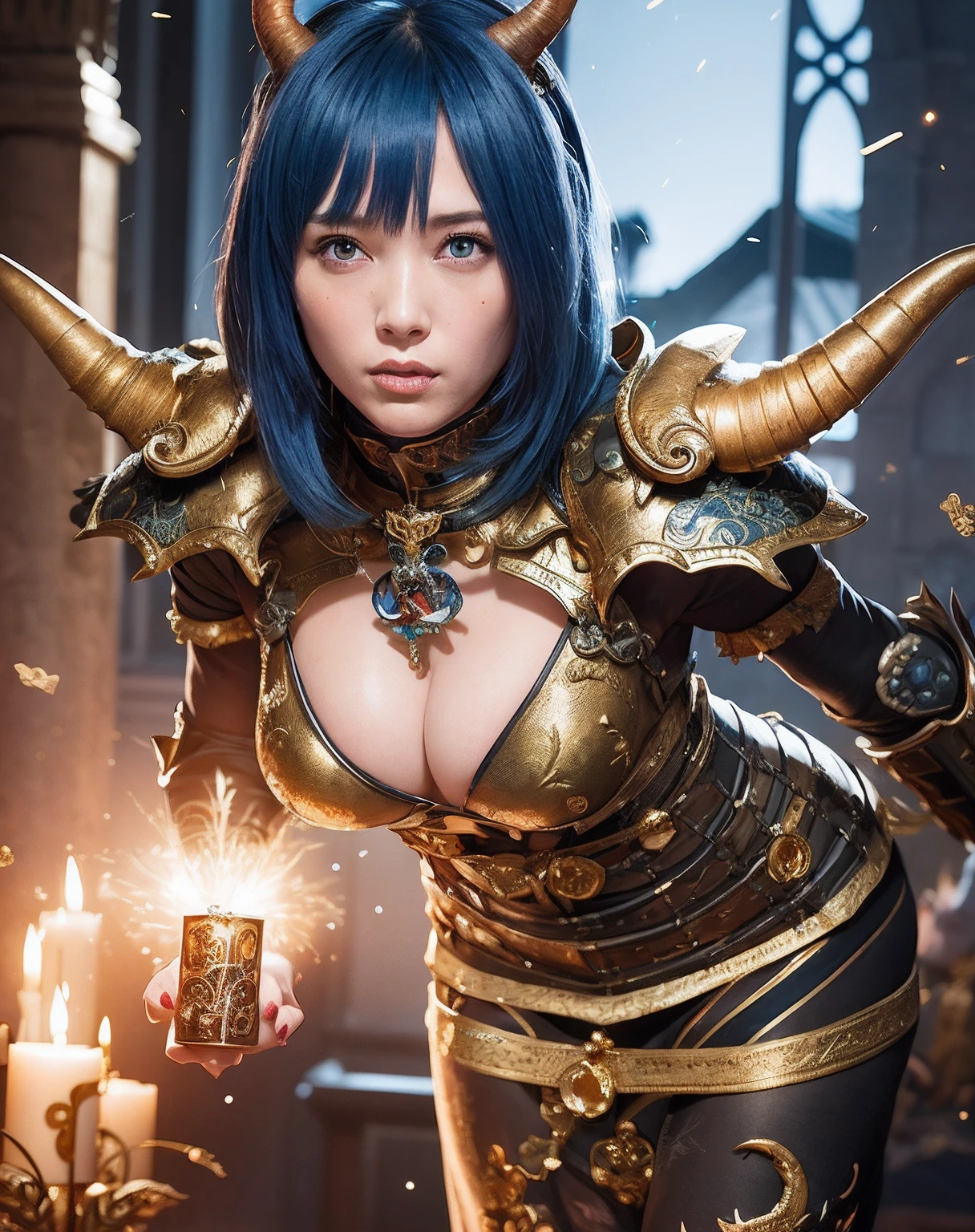 Professional , masterpiece、top-quality、photos realistic , depth of fields 、(Gemstone Blue Metal Body:1.2),(Matte Blue Black、(Standing in the church)、gold patterns、Wind-effect、Light Effects、Wind-effect、magic circles、(cleavage of the breast)、Dragon Gold Weapon(Dragon Metal Body:1.4),Gorgeous gold weapons ,(Particles of light)、 ,Fight legions of soldiers in skeleton armor ,(fierce look)、Mystical expression、16-year-old beautiful girl、(( Dragon's dense and gorgeous sword)) , Ultimate Beauty 、((Blue hair))、(Castle background)、Fight dragons、Fight with weapons、((Gangle's forest background))、Beautiful Caucasian beauty、(1a person)、dynamic ungle,(((Details of the two demon horns on the head)))、Smaller head、A smile、Castle background、Thin and beautiful female hands、cleavage of the breast、Soldier in iron armor on background、Mystical expression、Light Effects、Wind-effect、magic circles、With the legendary magic wand、(demonic wings)、(Blue hair)、(1 persons)、Battle Look、Anatomically correct body、Toostock、Toostock、knee、Fight soldiers in skeleton armor ,