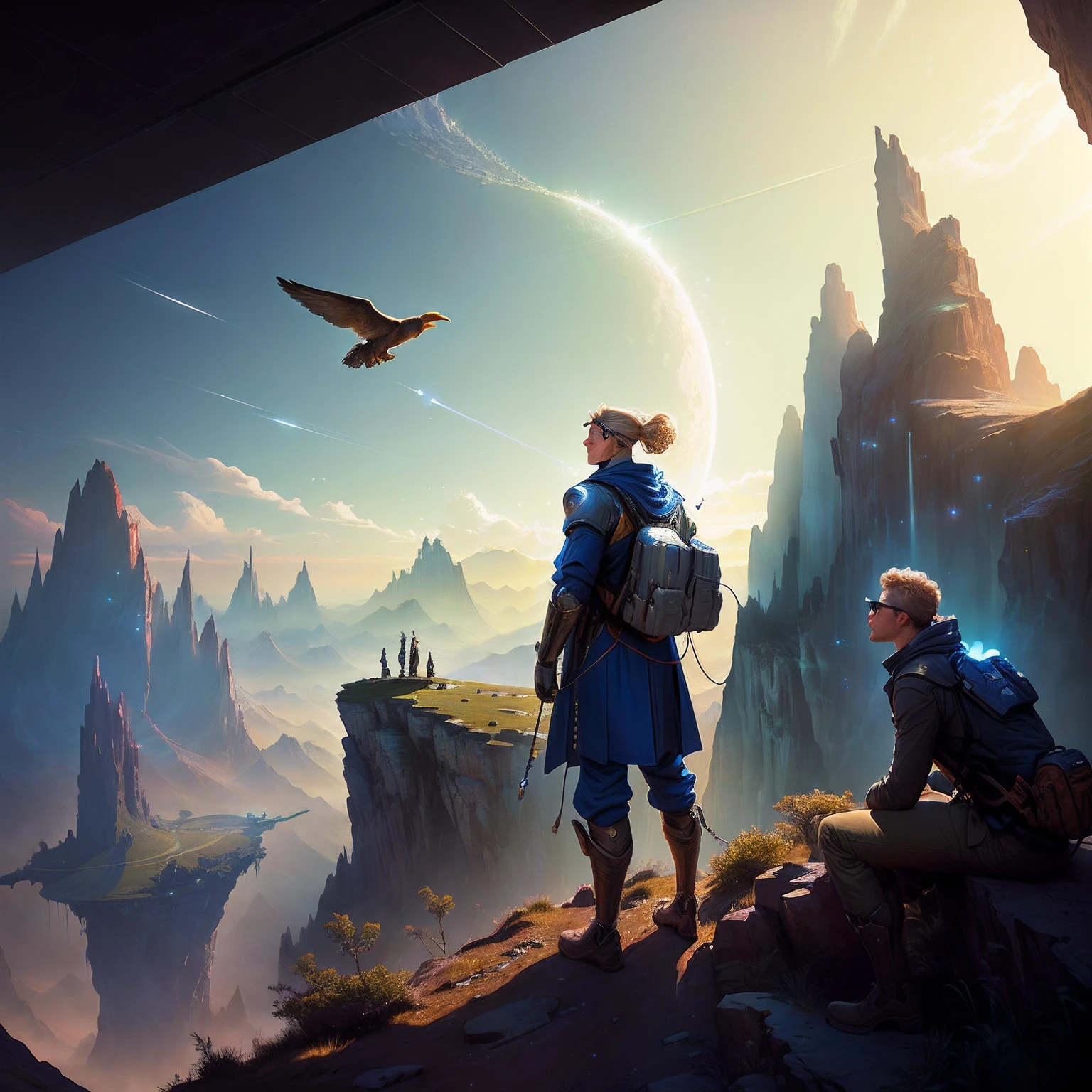"Fantastic sci-fi digital art illustration，Inspired by Jessica Rosier and Martin DeChambeau，It depicts a man watching birds fly over the mountains，In Beeper and Jean Giraud、Tim Hildebrandt's film buzzes in the same dazzling 3D renderings。Epic fantasy sci-fi illustration，Bring you a stunning visual experience that has never been seen before。"