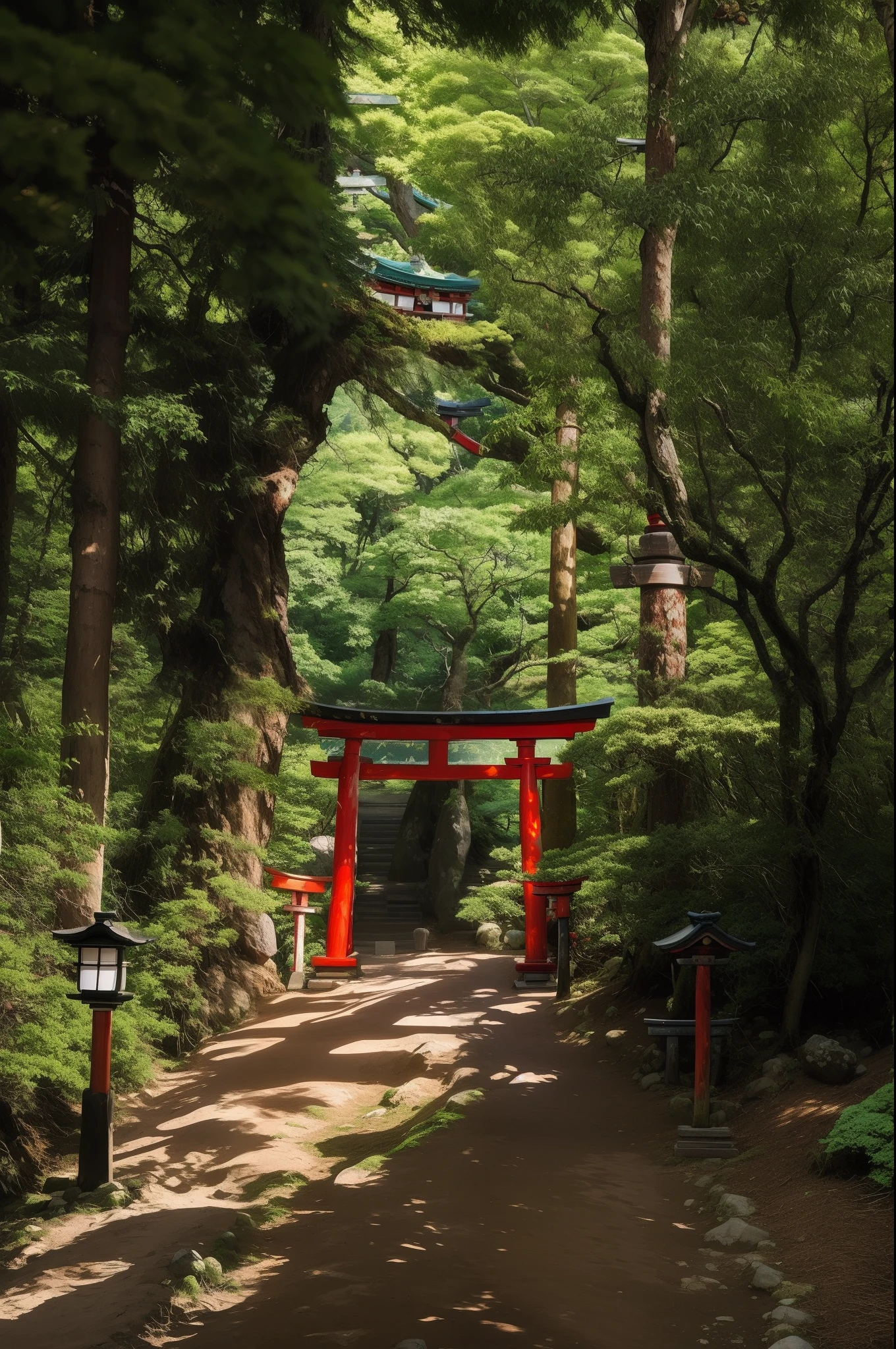there is a red gate in the middle of a path, torii in a moutain with trees, near a japanese shrine, japanese torii in a moutain, japanese shrine, inspired by Torii Kiyomoto, centered torii gate, shinto shrine, japanese temple, torii gate, japan lush forest, torii, japan nature, shrines