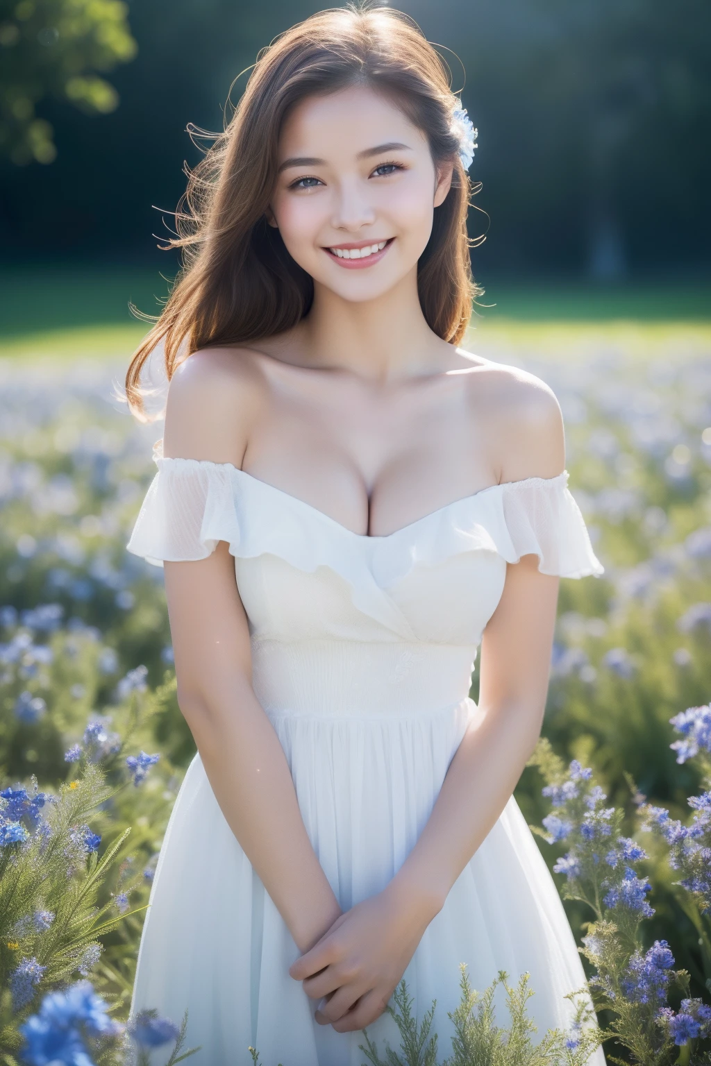cleavage，Best quality, masterpiece, ultra high res, (photorealistic:1.4), raw photo, 1girl, white dress, off shoulder, blue flower field, glowing skin, light smile
