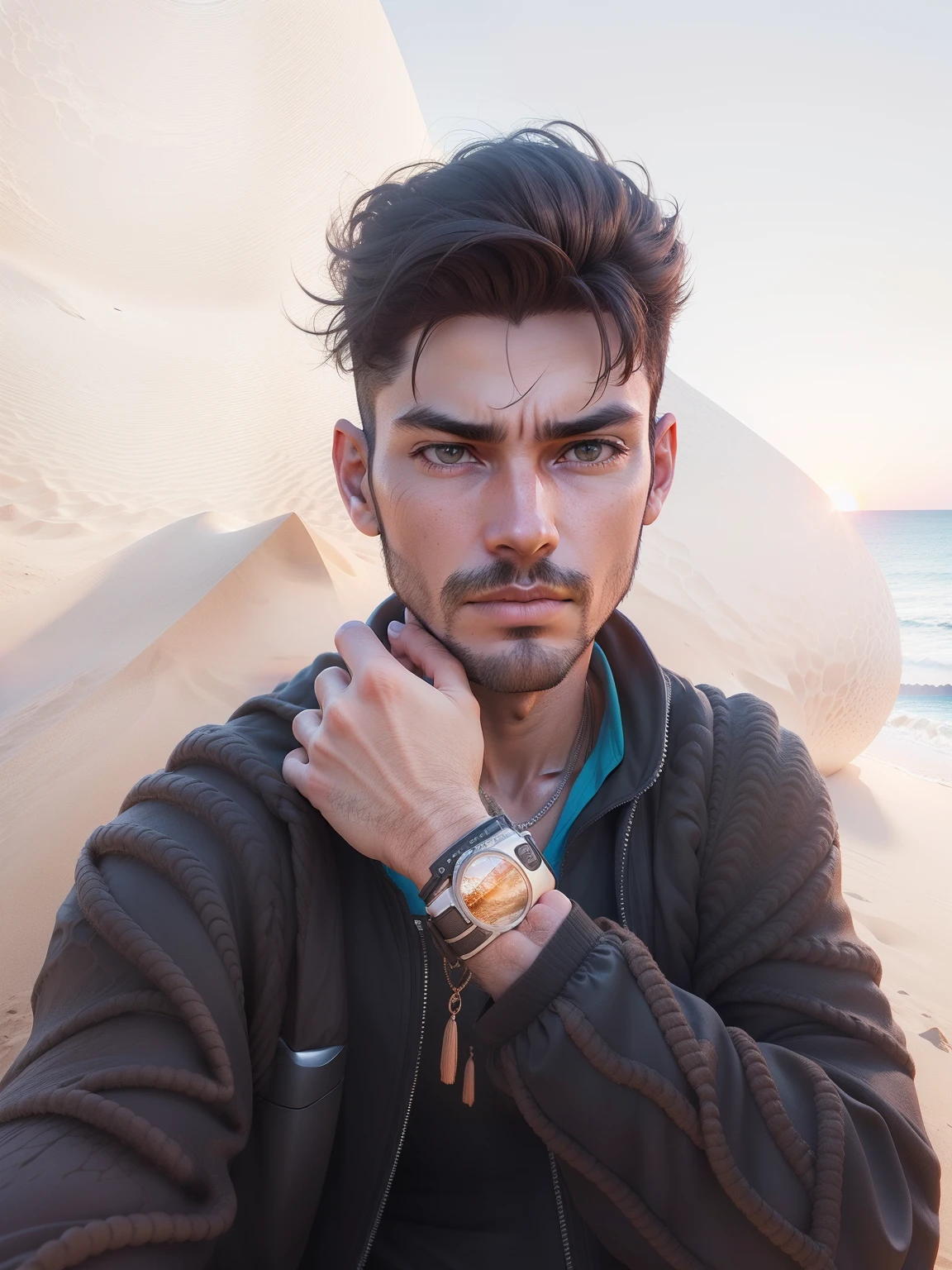 Change this photo background to a 3D dune sunset, professional photography