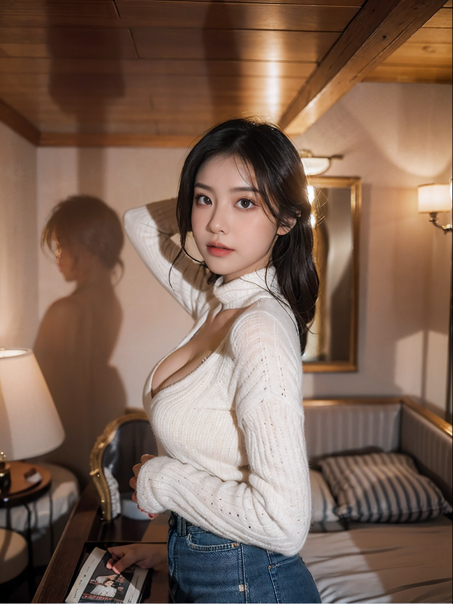 best qualtiy,tmasterpiece,超高分辨率,(realisticlying:1.4),RAW photogr,(True skin texture:1.3),(filmgrain:1.3),in a panoramic view,figure portrait,Very wide lens,cowboy lens,(in the darkness nigth,deep shading,low tune,cold light,)the night,closeup cleavage,
inside in room, dust, Tyndall effect, 1girll,Beautiful details for eyes and face,White jabot,