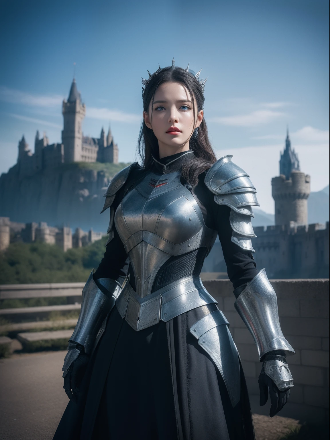 Masterpiece, best quality, high resolution, 8K, Portrait, realistic photo,( Combining clothes with Korean fashion designs),Digital photography, full body, 1 girl, (cyborg), beautiful blue gray gradient long hair, blue eyes, intricate, elegant, Highly detailed, Evil Crown, Black dress, ,silver metal exoskeleton armor, Intricate knight's hollow armor,power armor, cutout design, Mechanical structure, photo pose, solemn,, red lips, From the film Kingsglaive Final Fantasy XV.Metallic texture, oc rendering,Reflective texture, ((Clothing cutting)), ((With castles and giant moster in the background))